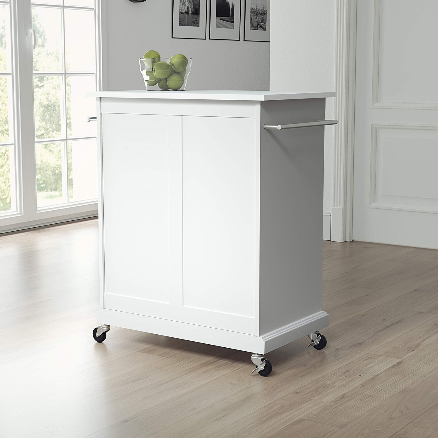 Crosley Furniture Compact Stone Top Small Rolling Cart with Shelves, Microwave Stand with Towel Rack, White