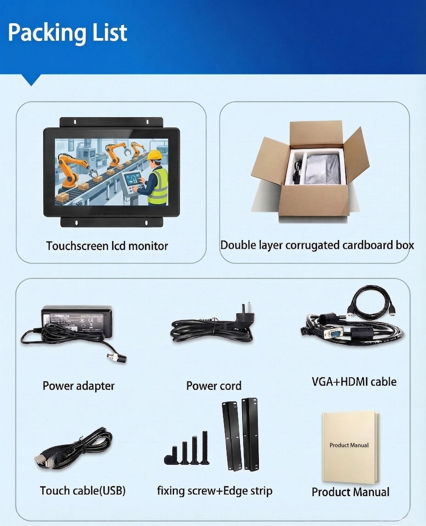 RIUIIN 13.3 Inch Industrial PCAP Touchscreen Monitor, 1920x1080 Resolution 16:9 Aspect Ratio Waterproof,VGA+HDMI Port, 24/7 Continuous Working Open-Frame Monitor