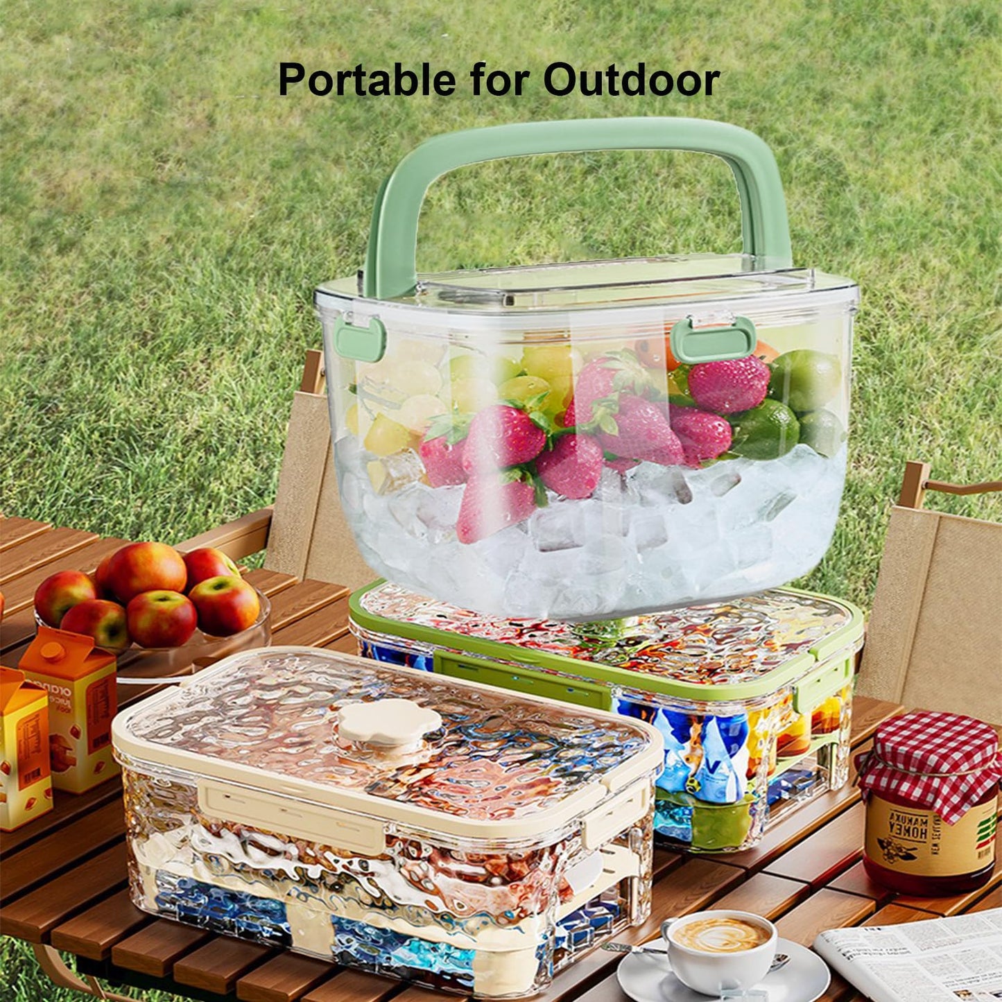 Yamteck Portable Ice Bucket with Lid & Tong for Outdoor Camping, Clear Plastic Storage Bin for Freezer, Refrigerator, Whiskey, Wine, Cocktail Party, Big Cube Mold Tray for Ice Bath