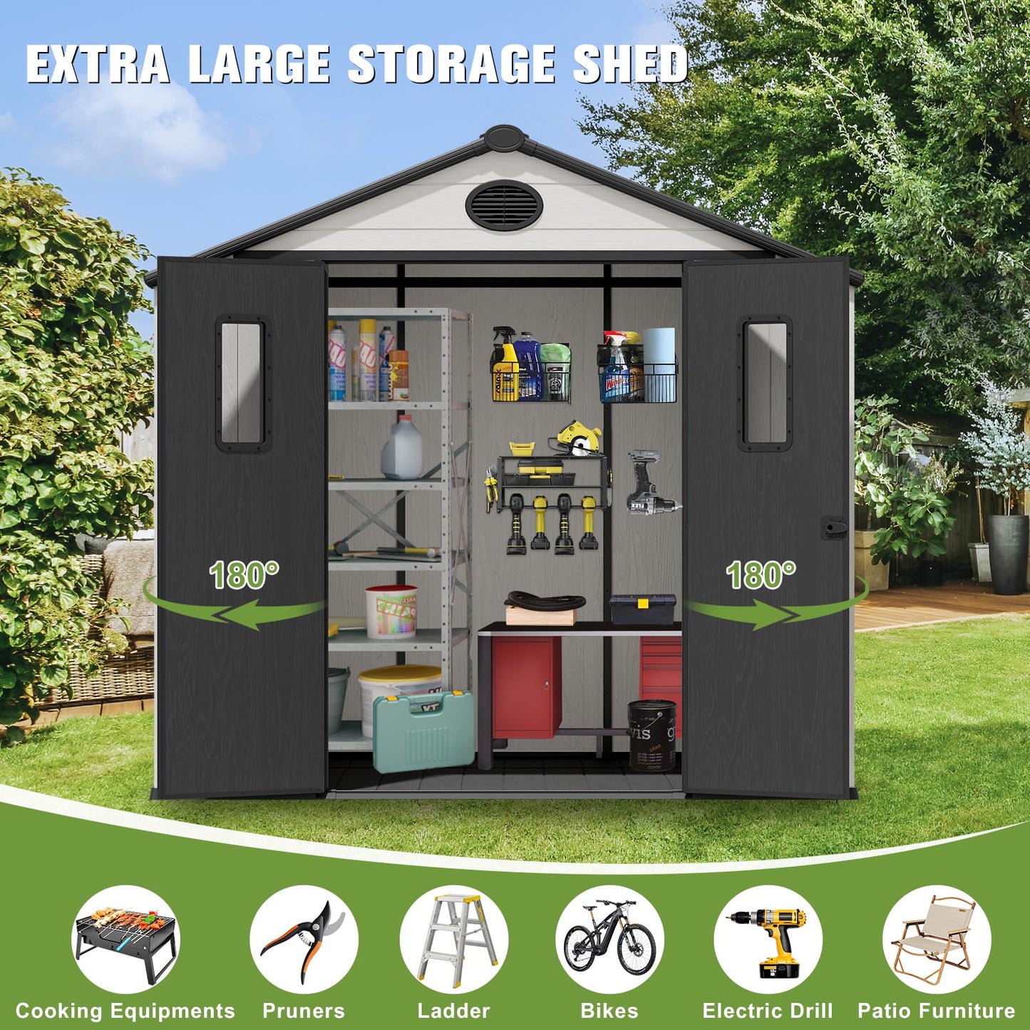 COOS BAY 8x6 Outdoor Storage Shed with Floor, Lockable Doors, All-Weather Resin Garden Tool Shed, White/Gray