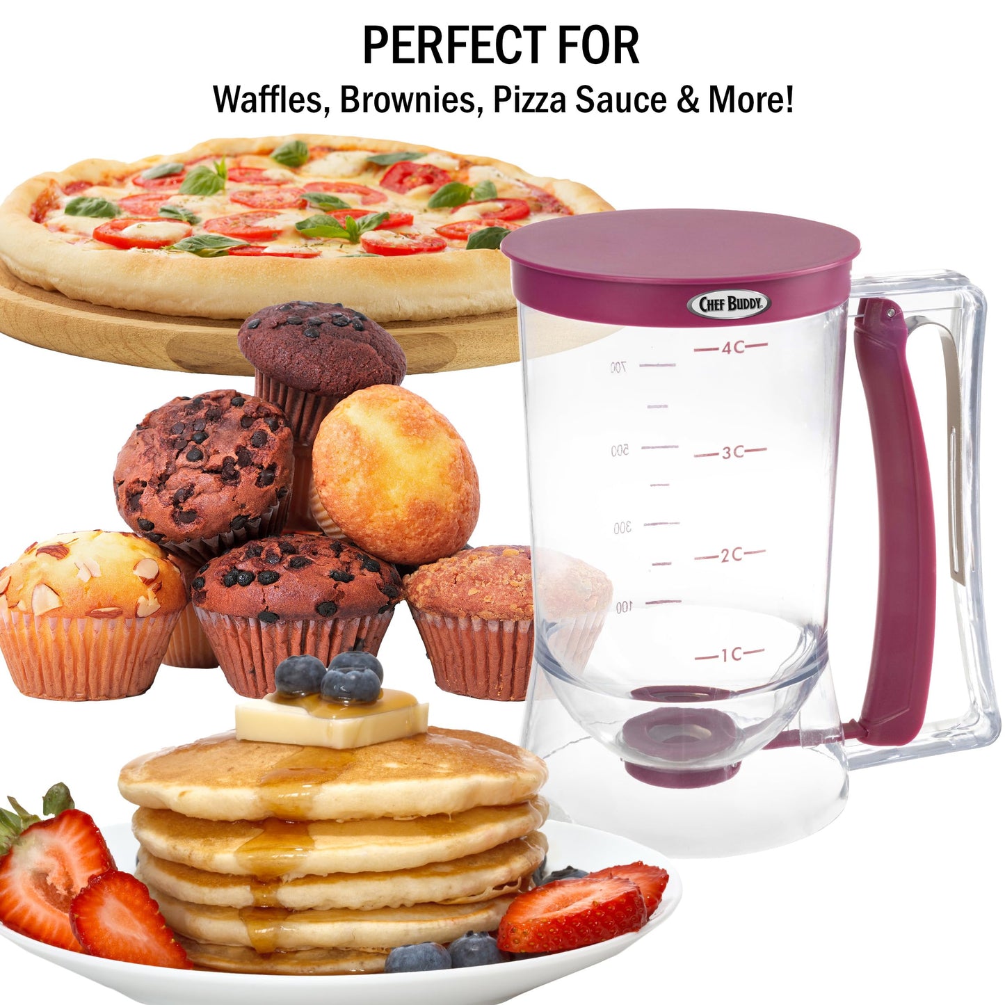 Pancake Batter Dispenser - 4-Cup Batter Dispenser with Squeeze Handle for Pancakes, Waffles, Muffins, and Crepes - Baking Tools (Purple)