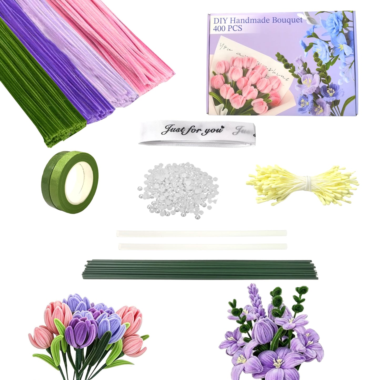 Sheliky Pipe Cleaner Flower Kit 400Pcs Pipe Cleaners Craft Bulk Chenille Stems for Flower Making DIY Bouquets Party Decor with Floral Wires, Gardening Tape,Stamen & Ribbon (Purple)