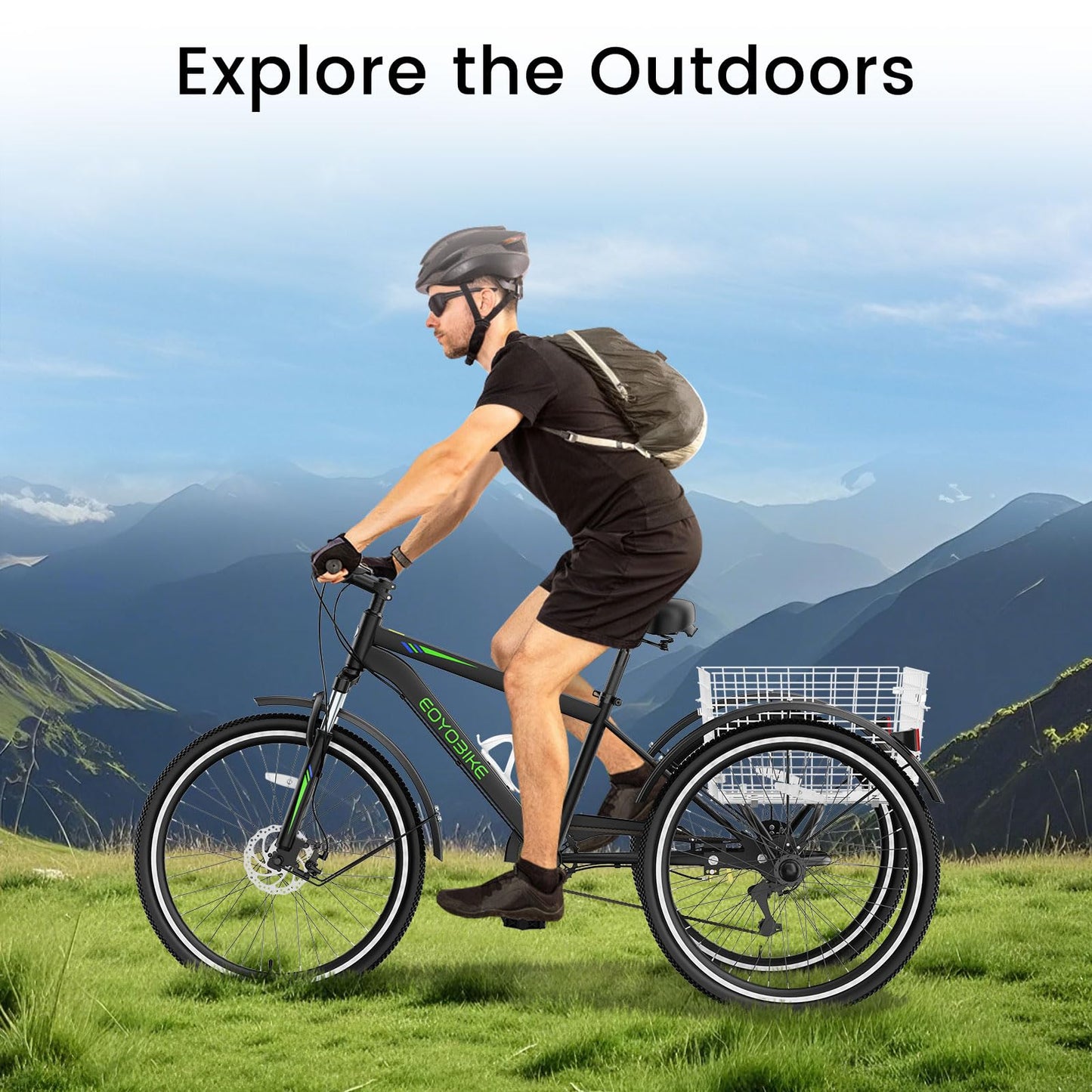 EOYOBIKE 7-Speed Adult Mountain Tricycle, 24/26/27.5 Inch 3-Wheel Bike for Seniors, Men's and Women's Trike with Large Rear Basket for Exercise & Shopping