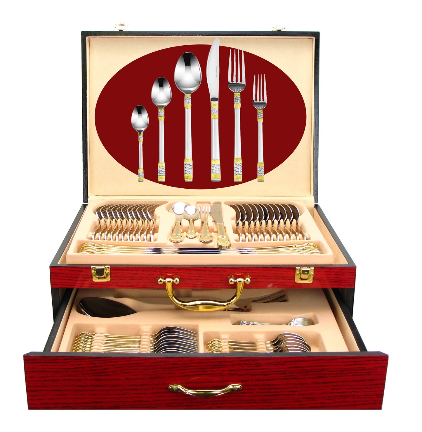 Venezia Collection 75-Pc Luxury Flatware Set for 12 w/Storage Case 24K Gold Premium Dining Cutlery Service - 18/10 Surgical Stainless Steel Silverware Hostess Serving Set in a Chest