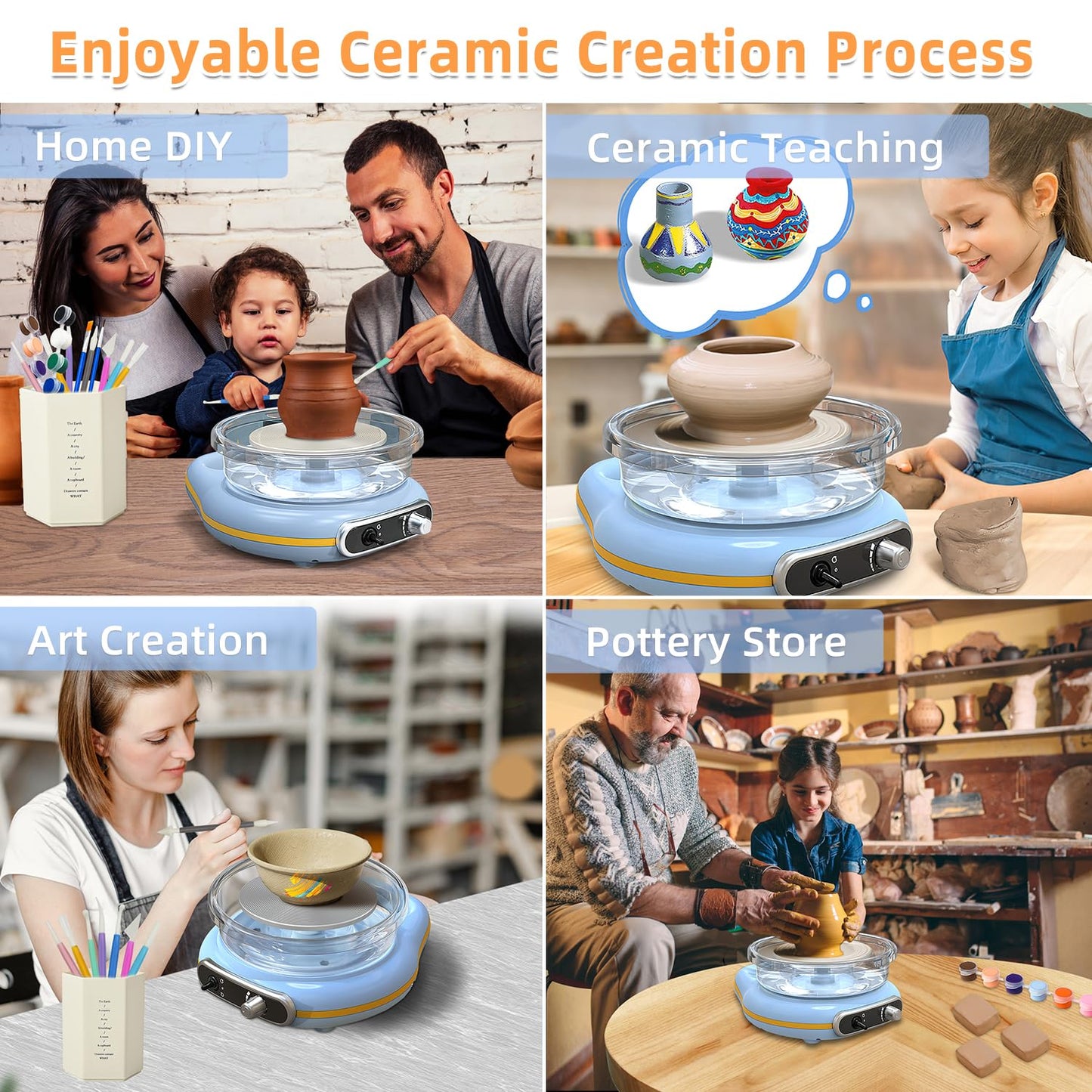 Hitish Mini Pottery Wheel Kit for Kids - 4.7" Turntable Two-Way Rotation Electric Pottery Machine, Adjustable Speed, Low Noise, Clay Wheel DIY Kit for Teens Adults Beginners, Pottery Tools Included