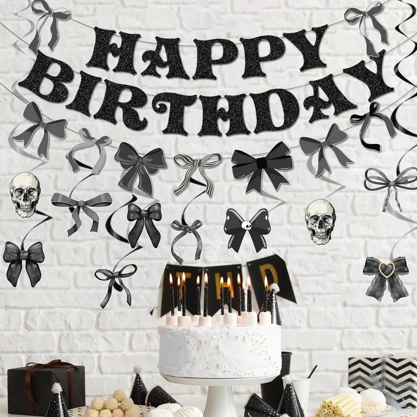 Lovarywow Black Bow Party Decorations - 13PCS Gothic Birthday Decorations, Skull Skeleton Goth Party Supplies for Girls Women, Black Bow Coquete Happy Birthday Banners Hanging Swirls