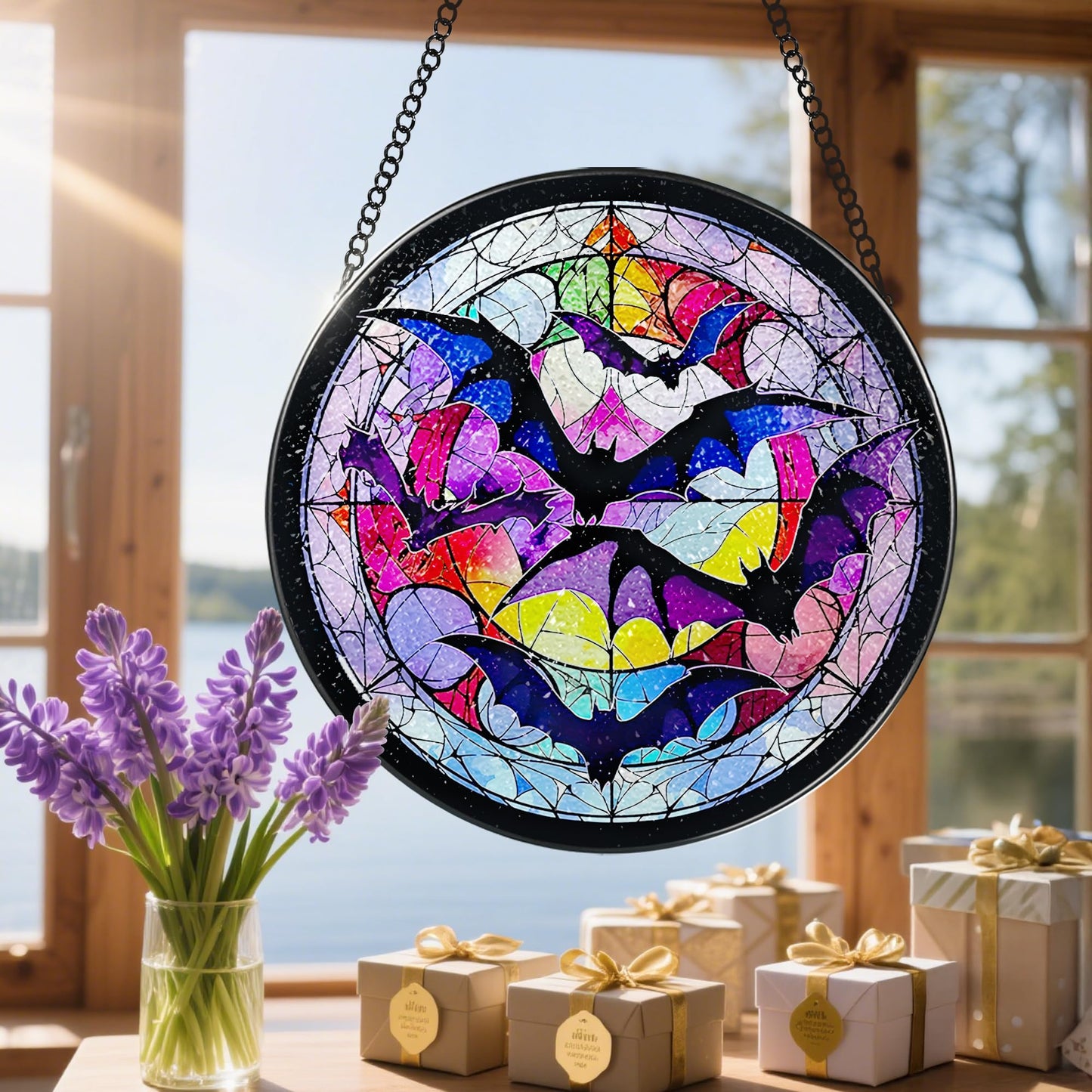8 Inch Stained Glass Suncatcher Ornament, DOUHASU Bat Sun Catchers Indoor Window, Stained Glass Window Hanging, Home Decor, Bat Lovers Gifts for Him, Men