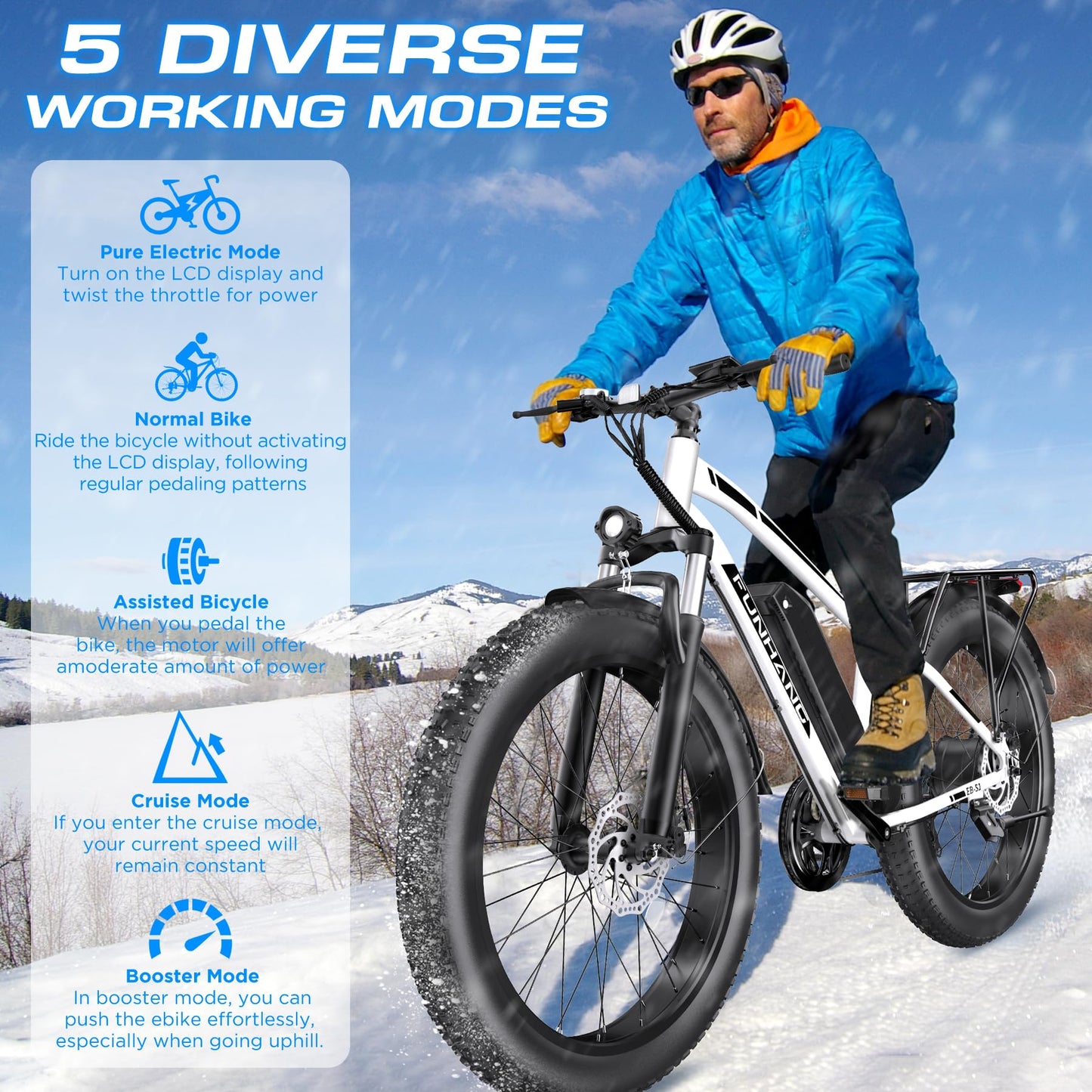 Funhang Electric Bike for Adults, 1000W Peak Ebike, 20MPH 60Miles Electric Mountain Bike, 26" Fat Tire Electric Bicycle with 48V 13AH Battery, Front Suspension,7 Speed, Rear Rack, UL 2849 Certified