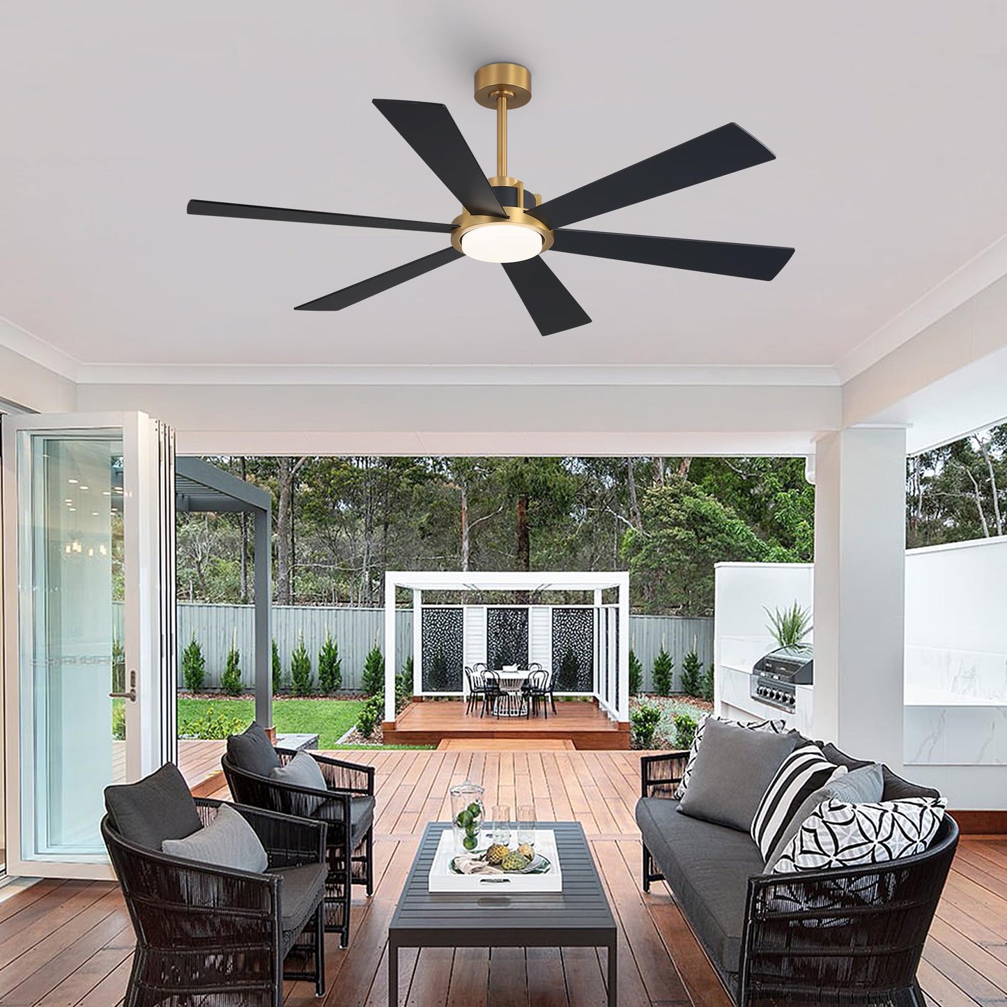 WINGBO 60 Inch Ceiling Fan with Light - 6 Plywood Blades, 6-Speed Reversible DC Motor, Noiseless Remote Control Ceiling Fans with Lights for Bedroom Living Room Kitchen, Gold and Walnut/Black