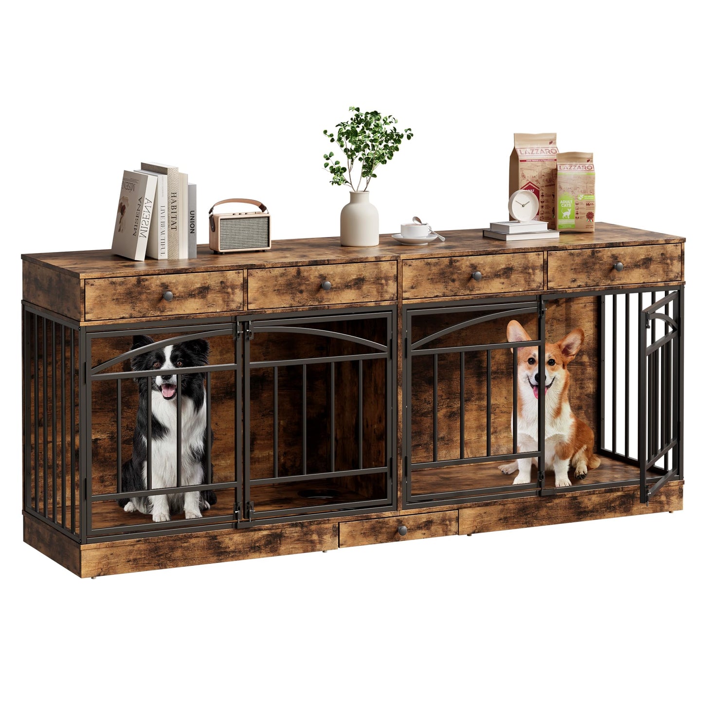 GarveeHome Dog Crate Furniture for 2 Dogs, Dog Kennel Indoor with 4 Storage Drawers and Feeding Bowls, Double Dog Crate TV Stand for Small Medium Dogs, Brown