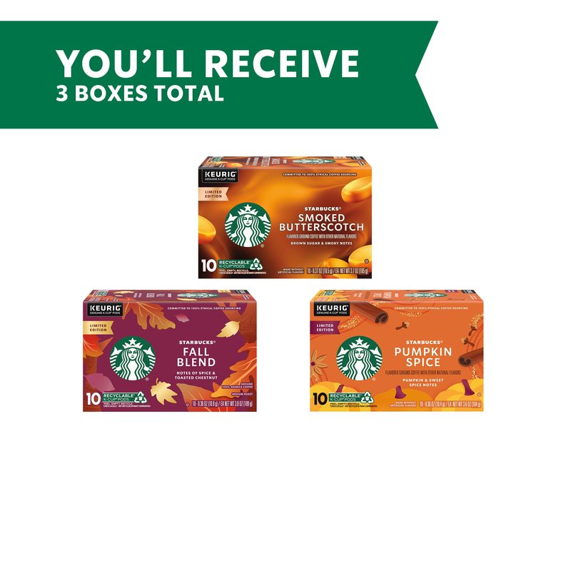Starbucks K-Cup Coffee Pods, Fall Bundle, Medium Roast and Naturally Flavored Coffee for Keurig Brewers, 100% Arabica, Limited Edition, 3 Boxes (30 Pods Total)