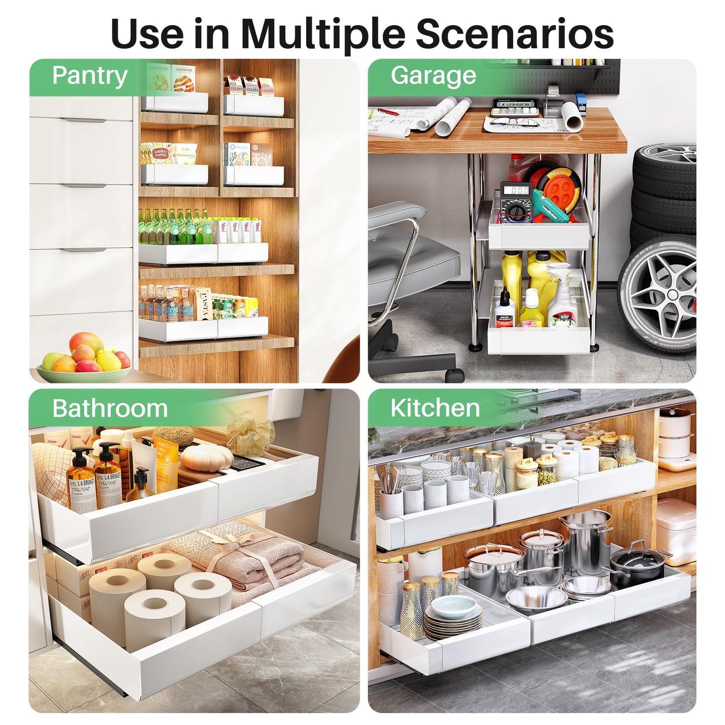 Pull out Cabinet Organizer, Expandable(12"-20") Heavy Duty Slide out Drawers Fixed with Adhesive Nano Film for Pots, Roll out Shelf Storage for Kitchen Base Cabinet, Pantry, Bathroom Cupboard