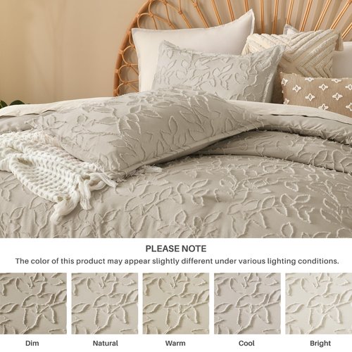 Litanika King Size Comforter Set Oatmeal, 3 Piece Khaki Boho Tufted Bedding, Beige Fluffy Farmhouse Bed Set for All Season with 2 Leaf Pattern Pillowcases(104x90In)
