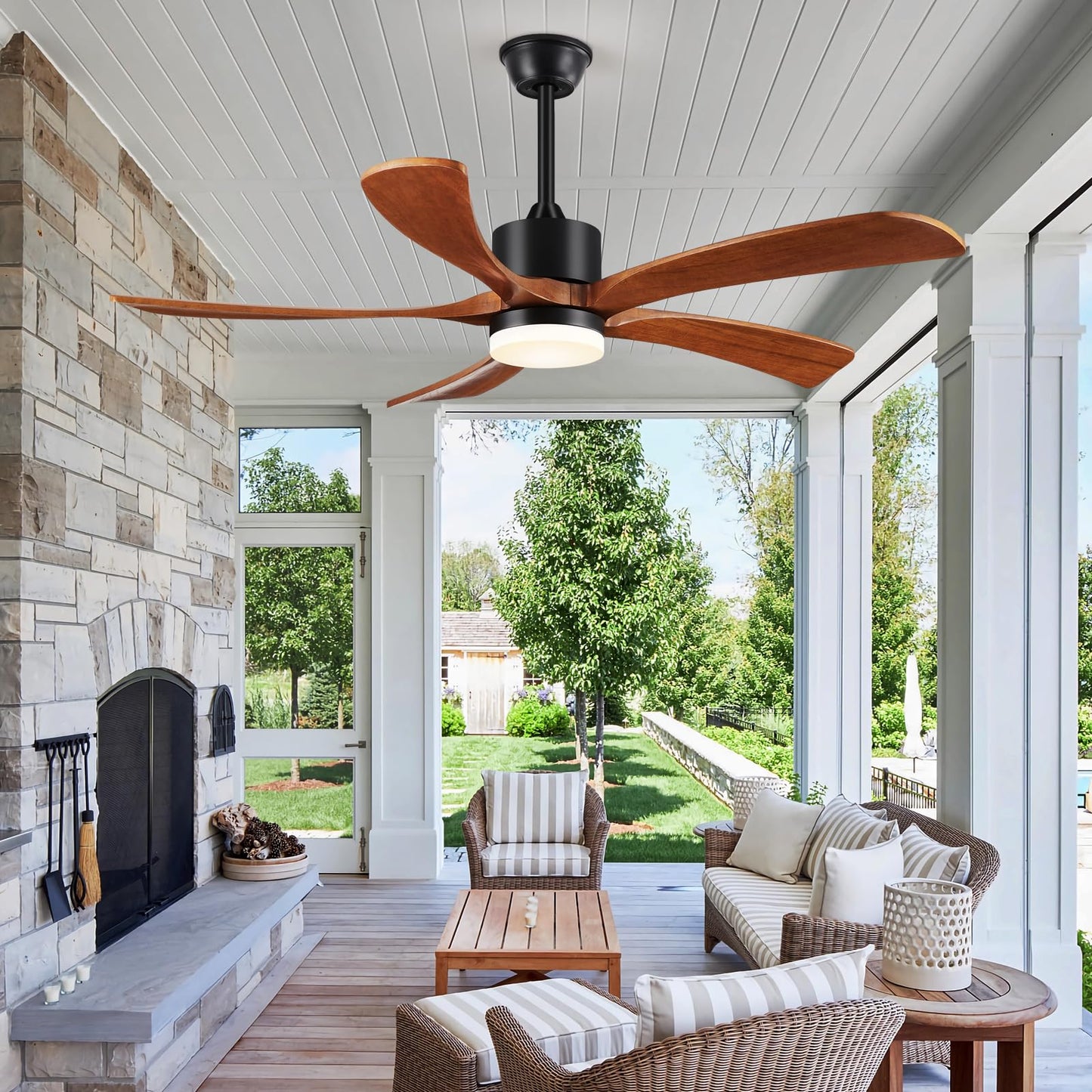 Forrovenco 72 In Ceiling Fans with Lights and Remote, USA Original Patent 72" Large Ceiling Fan, 3 Downrods, 5 Solid Wood Blades, 6 Speeds Quiet DC Motor Modern Outdoor Indoor Fan, 72in Yellow Walnut