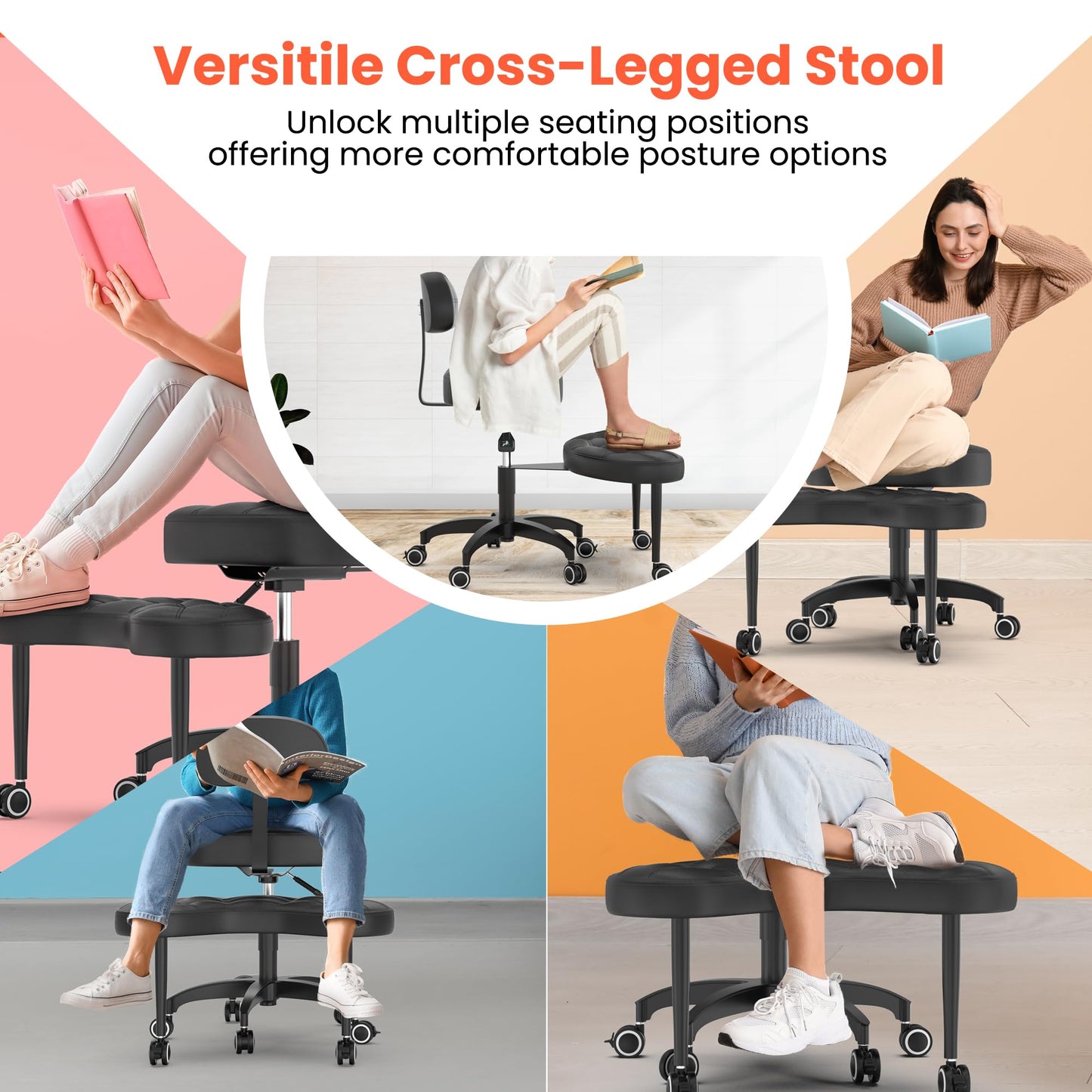 TASALON Cross Legged Office Chair, Criss Cross Chair with Wheels, 360° Swivel Adjustable Height ADHD Chair with Back Support, Ergonomic Kneeling Chair for Meditation, Yoga & Home Office Use, Black