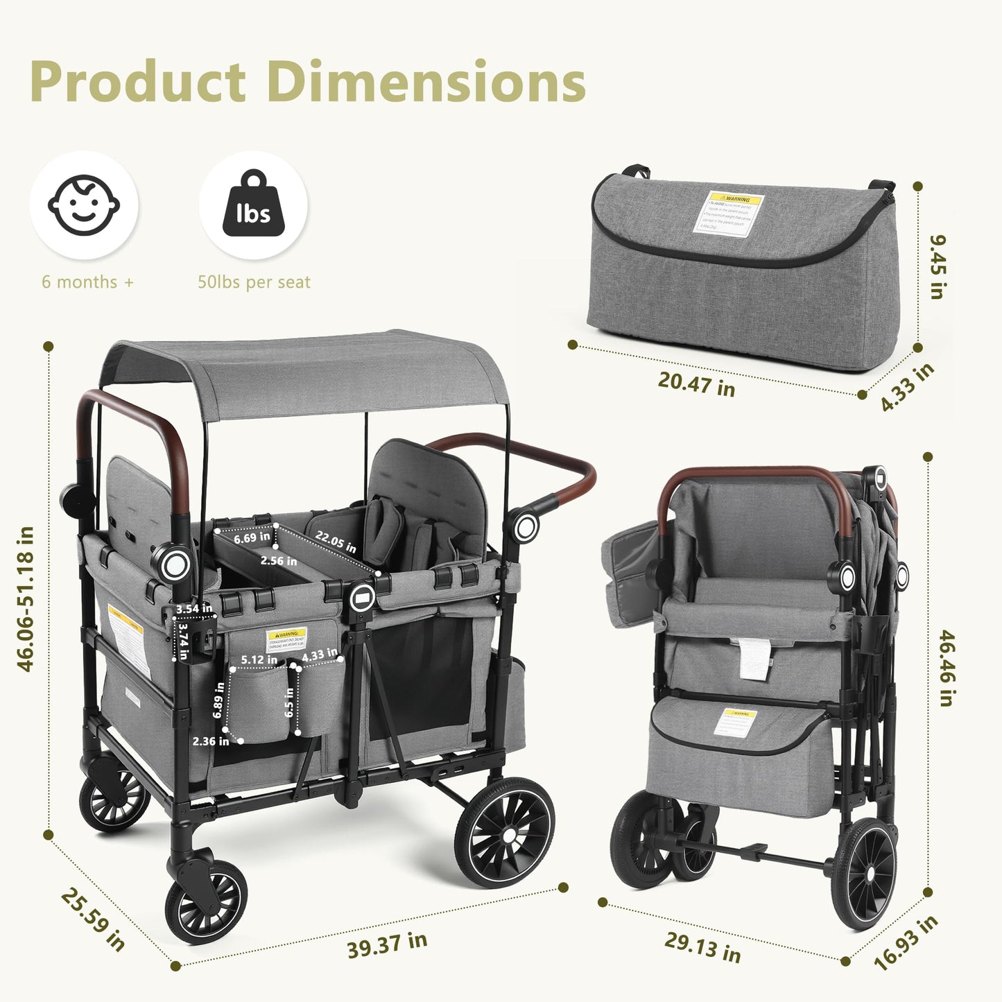 Kinder King Wagon Stroller for 4 Kids, All-Terrain Foldable Outdoor Stroller Wagon 4 Seater, Removable Canopy, Adjustable Handle, Detachable Tray, Large Storage, Grey
