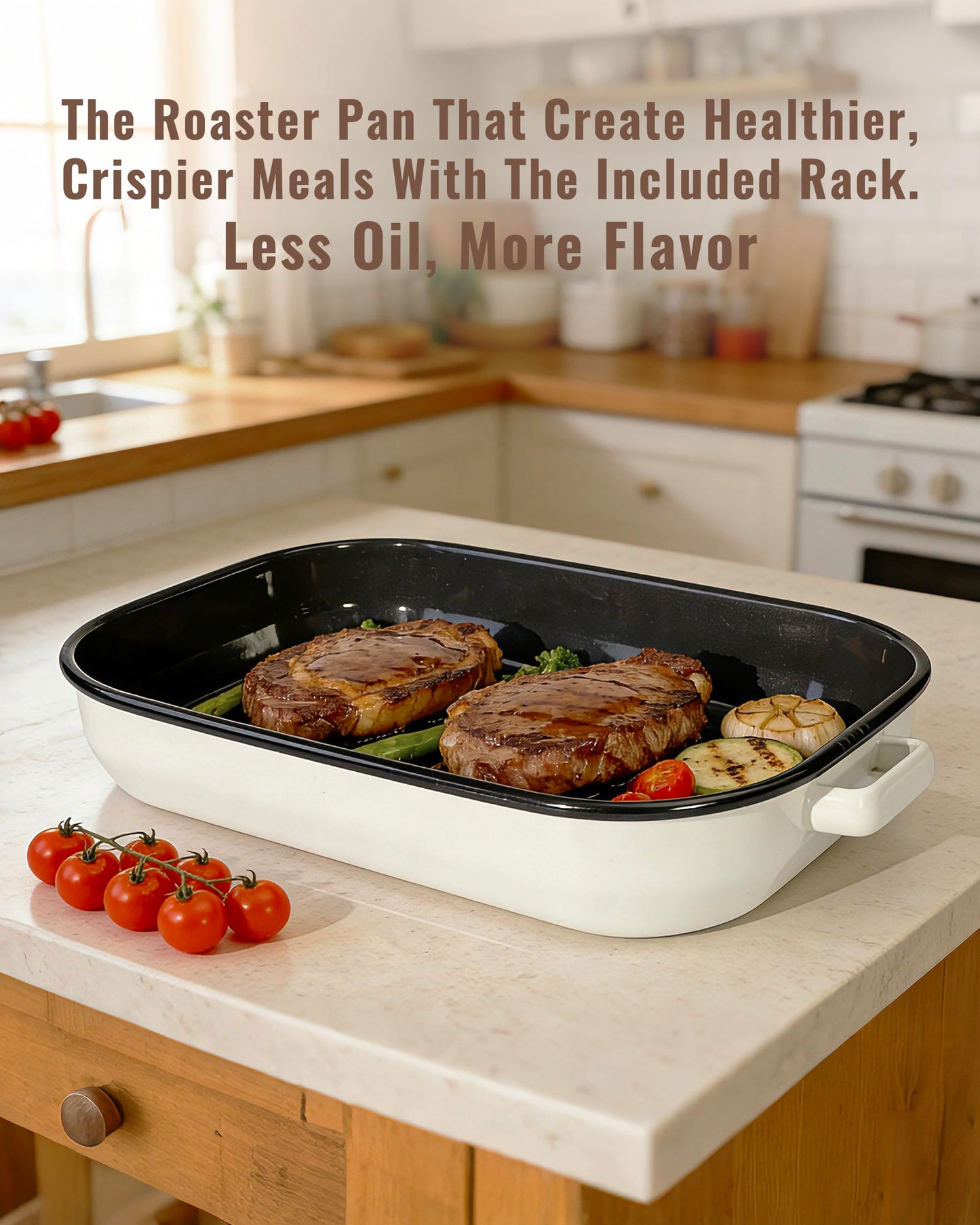 MCCSI Roasting Pan for Oven with Rack 6-Piece Enamel Lasagna Baking Dishes Set 14&17 Inch, 572°F High Temperature Resistance Dishwasher Safe Non-Stick Deep Turkey Roaster Pan Mothers Day Gift Bakeware