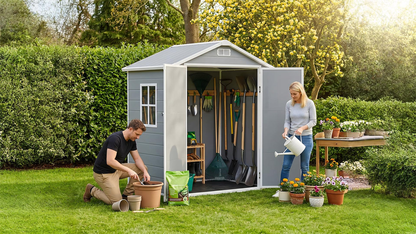 AIRAJ 6x4 FT Outdoor Storage Shed,Resin Storage Shed with Floor/Window/Vent/Roof Rainwater Drainage/Lockable Door,All-Weather Plastic Garden Sheds,for Yard,Garden,Poolside,Lawn Mower,Seasonal Items