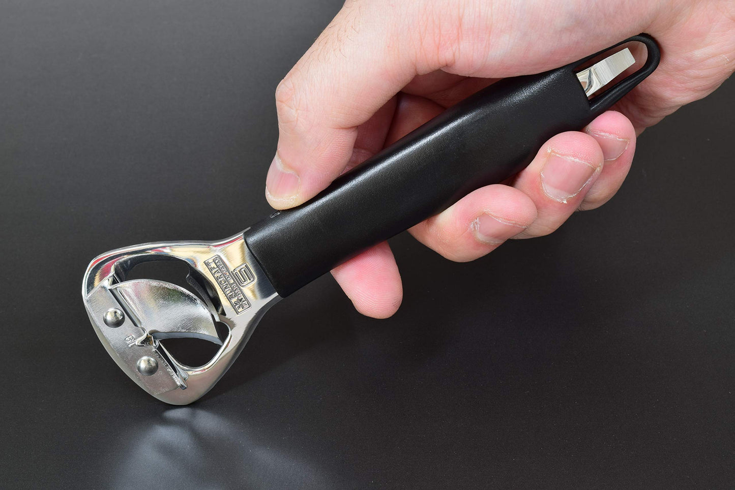 Japanese Can Opener, Heavy Duty Stainless Steel Bottle Opener, 5.9" Black Plastic Handle for Right-handed, Seki Japan