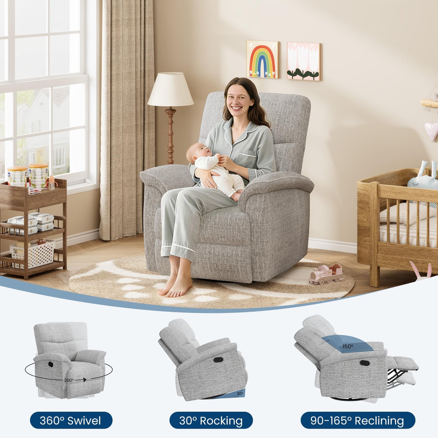 GarveeHome Recliner Chair, 360° Swivel Rocker Glider Nursery Chair with Padded Armrest and Deep Seat, PU Leather Upholstered Reclining Sofa Chair for Living Room, Bedroom and Nursery (Light Gray)