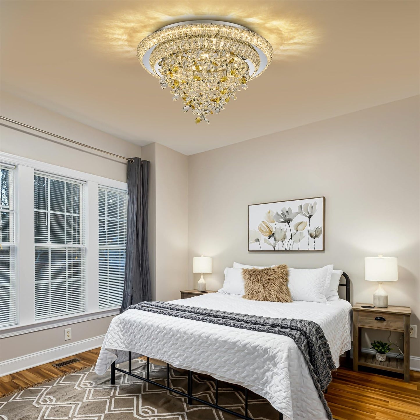 24 inch Sliver LED Crystal Ceiling Light, Flush Mount Chandeliers with Remote and APP Control, 3CCT Dimmable, Modern Elegant Raindrop Chandelier Light Fixture for Bedroom Dining Room Living Room Foyer
