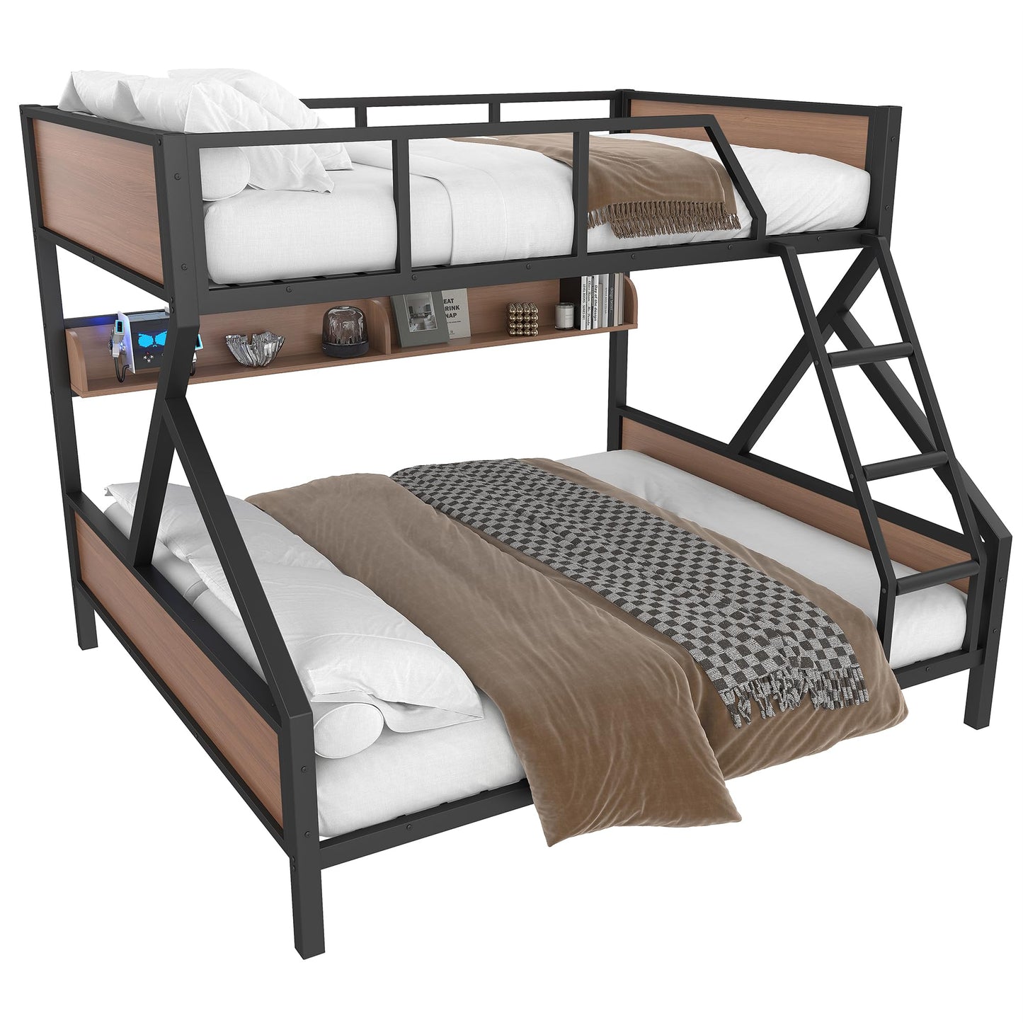 Bellemave Queen Over King Bunk Bed with Storage Shelf & LED Lights, Heavy Duty Metal Bunk Bed Frame with Guardrails & Ladder, No Box Spring Needed, Black