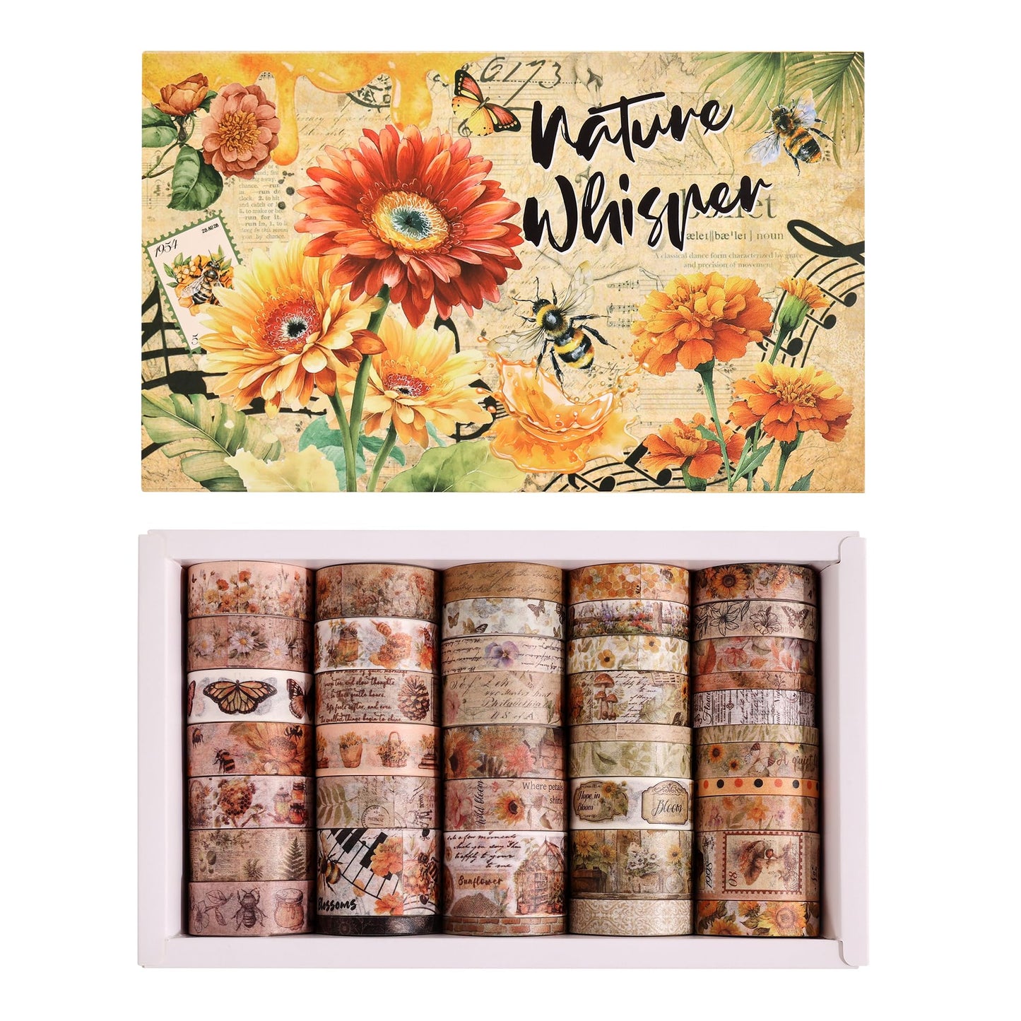 Natural Washi Tape Set, 42 Rolls - Floral, Butterfly, Bee, Botanical,Letter, Vintage Writable Scrapbooking Tapes for Journaling, Bullet Diaries, Card Making, Gift Wrapping, Aesthetic Craft Supplies