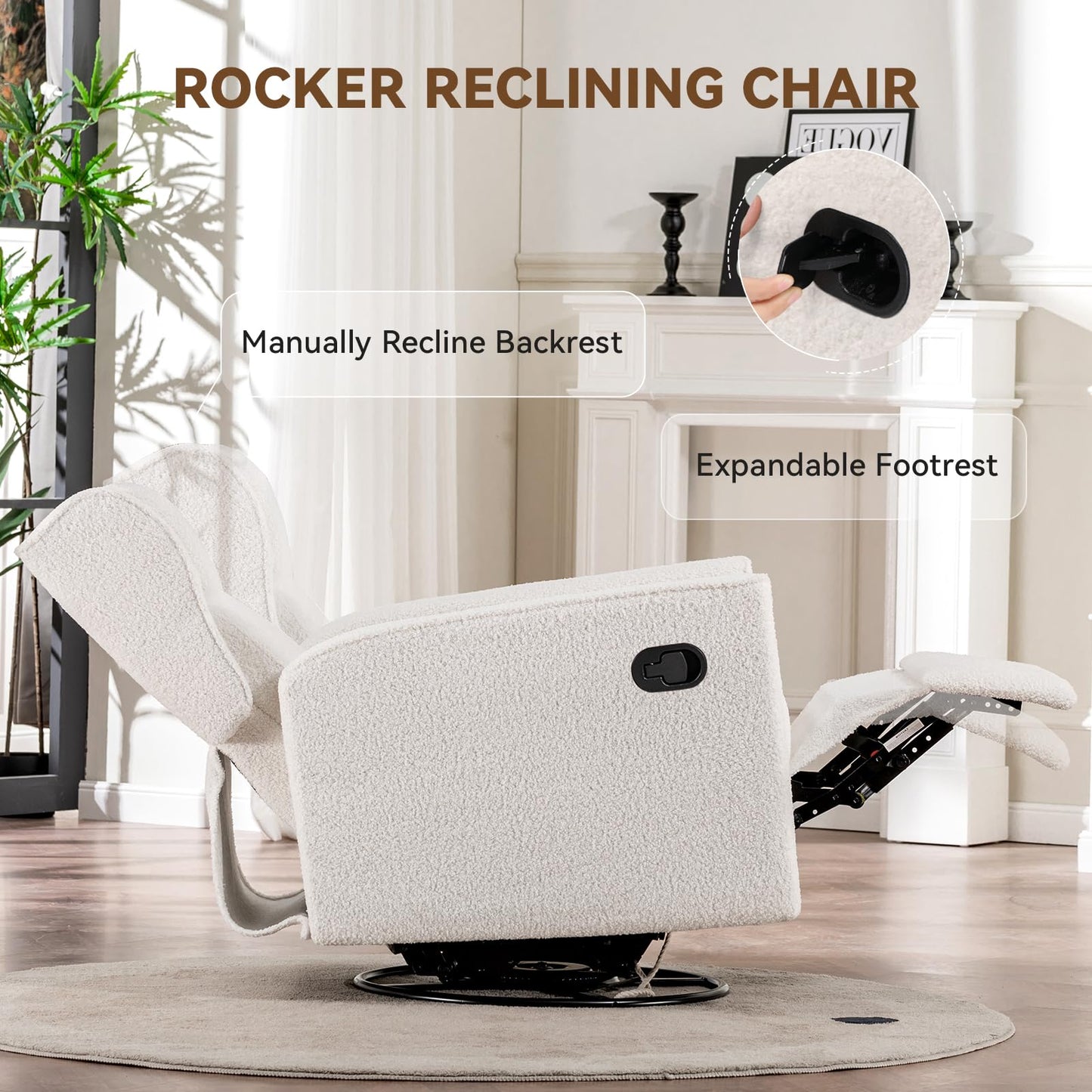 COMHOMA Nursery Rocking Chair Teddy Upholstered Swivel Rocker Recliner Manual Glider Reclining Chair for Living Room Bedroom Offices (Beige,1 PCS)
