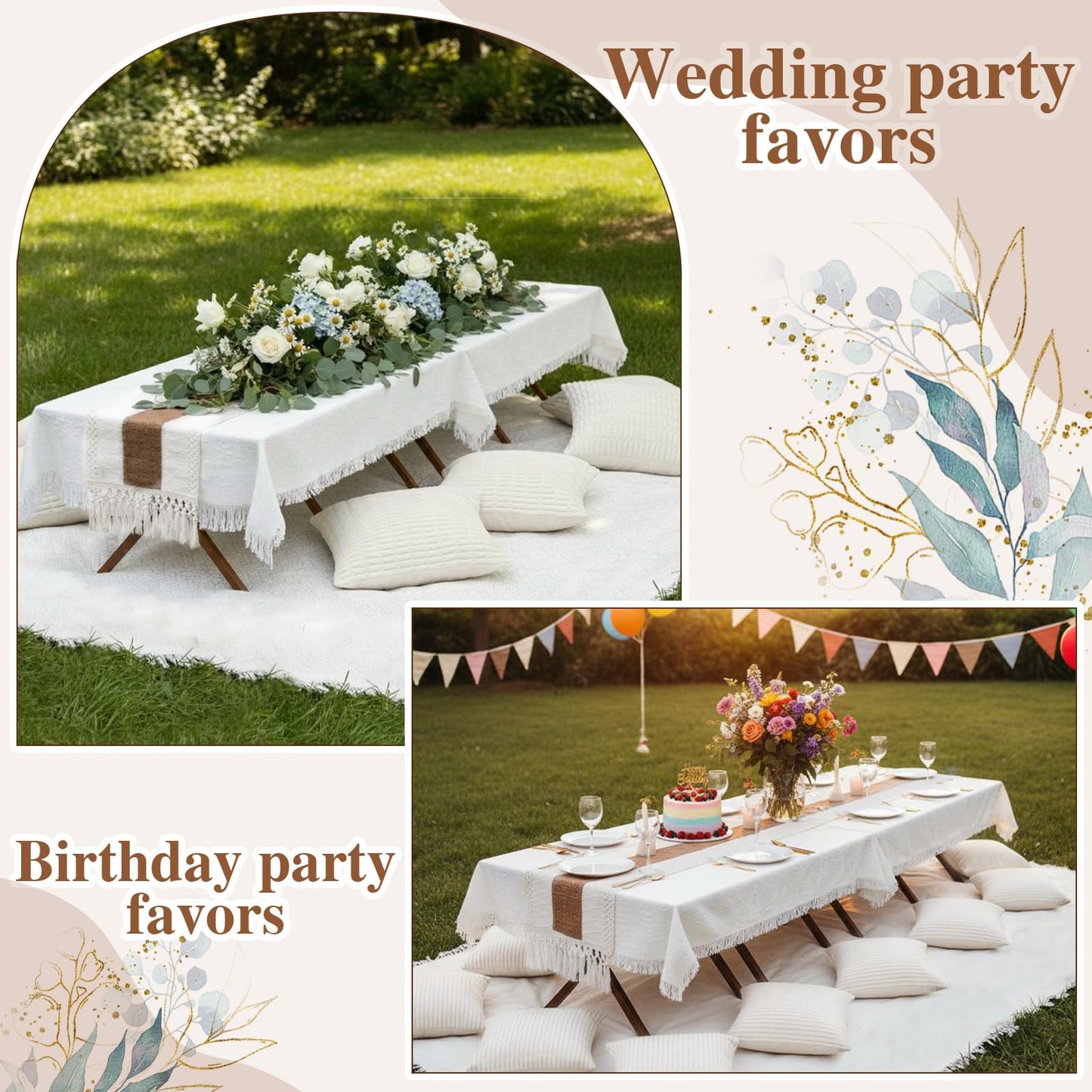 Novabright 20 Pcs Boho Picnic Kit Folding Picnic Table 59'' x 20.5'' Extra Large Outdoor Boho Blanket 91'' x 71'' Beige White Table Runner 12 Pillow Cover Woven Cotton Oversize Washable for Wedding