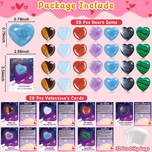 iMopo 28 Pcs Valentines Day Gifts for Kids Classroom - Heart Gemstones with Valentines Cards Goodie Bags, Crystal Rocks Bulk Exchange Party Favors for Girls Boys, School Teacher Prizes