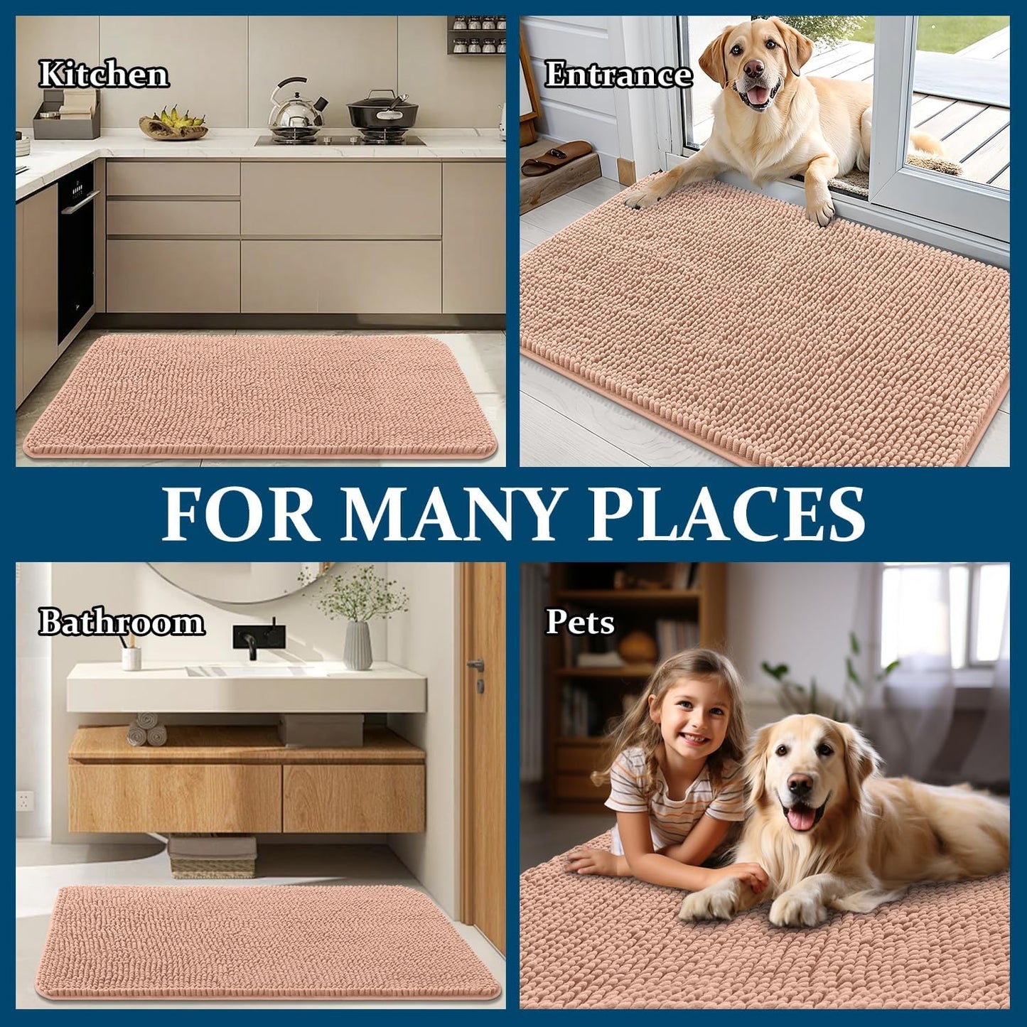 OLANLY Dog Door Mat - Absorbent Non-Slip Chenille Mat for Muddy Paws | 70x24 Inches, Quick Dry, Peach