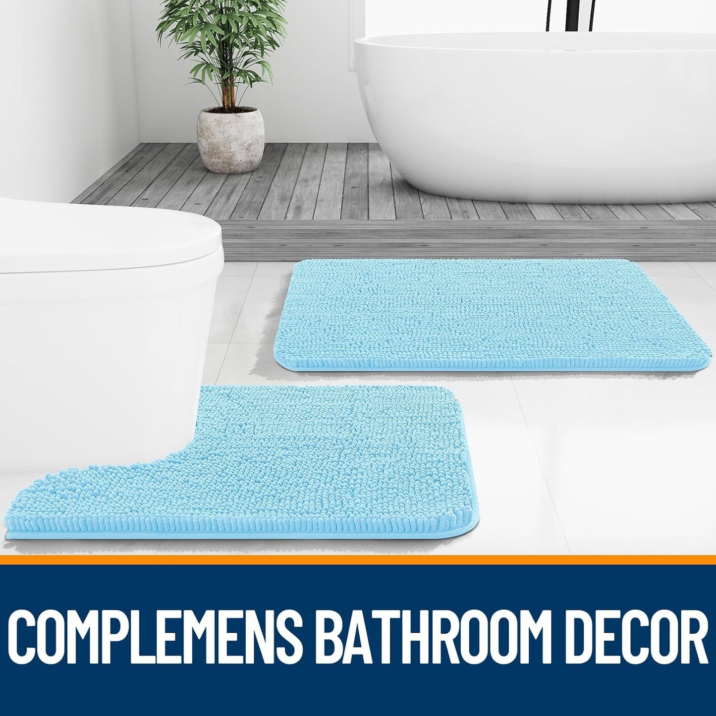 OLANLY Bathroom Runner Rugs - Soft Absorbent Chenille with Rubber Backing | Quick Dry, 47x17, Sky Blue