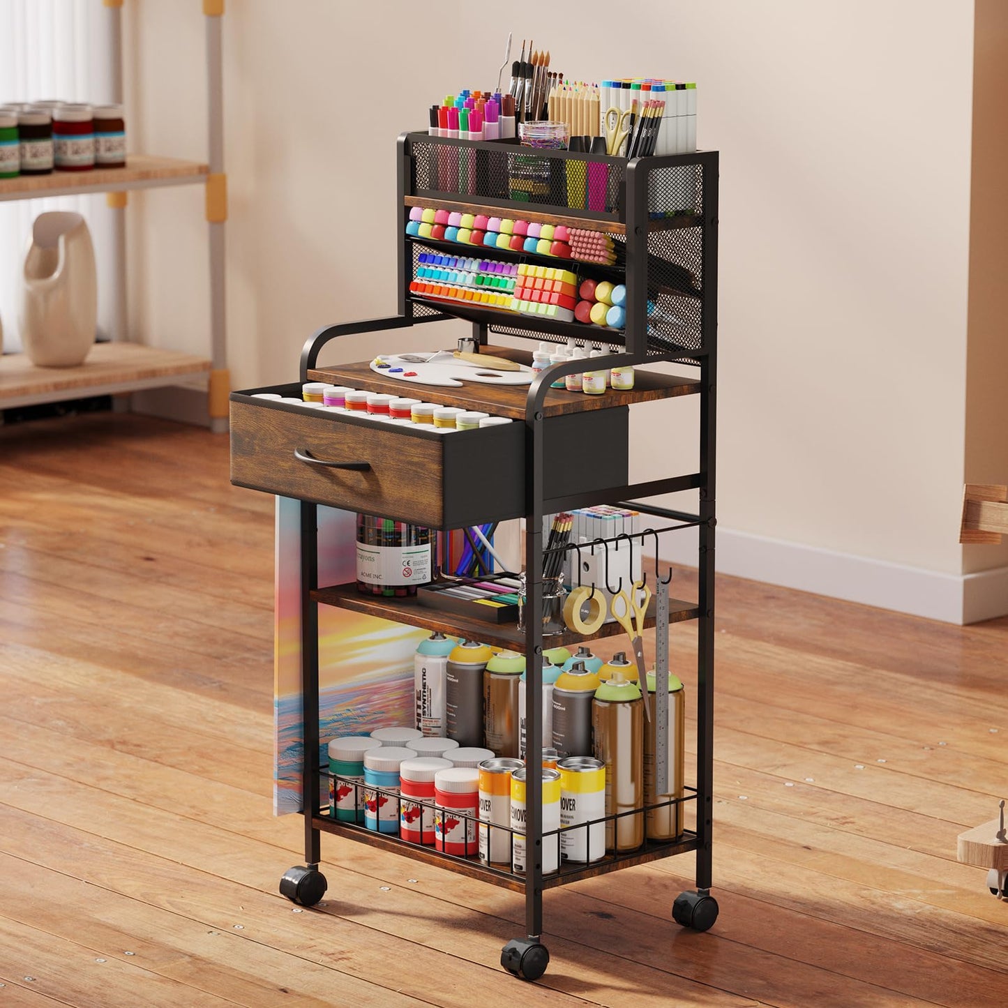 Homsorout Art cart, 3 Tier Rolling Cart - Utility Cart with Storage Drawer and Wheels, Versatile Art & Craft Organizer for Home, Office, or Studio Ideal for Storing Brushes, Paints (Brown)