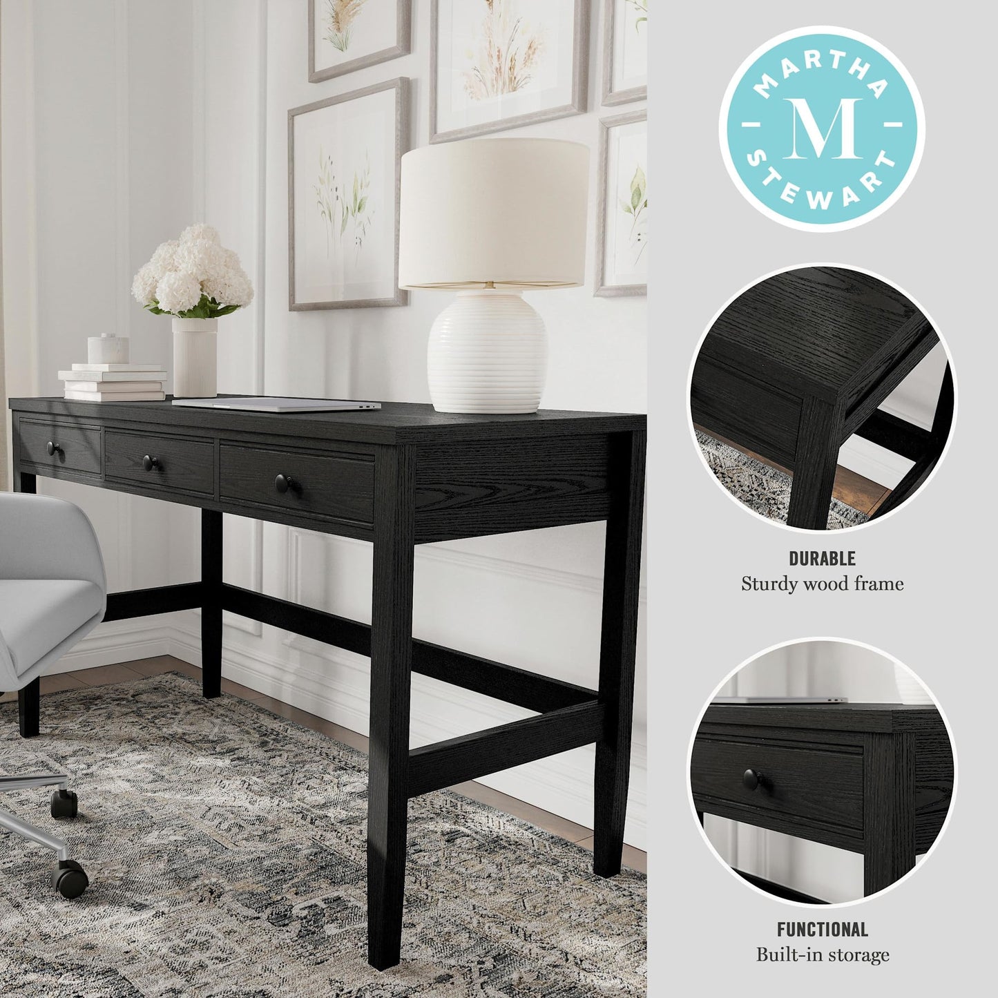Martha Stewart Rhett Home Office Desk with 3 Drawers and Tapered Legs in Black with Oil Rubbed Bronze Hardware