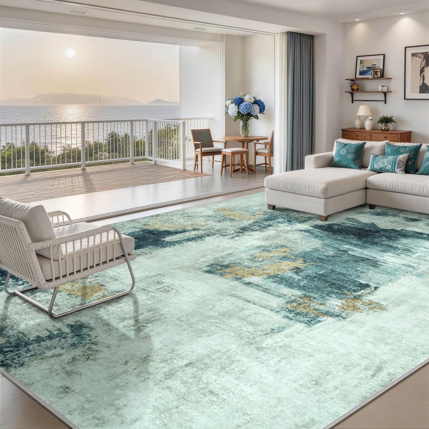 10x14 Area Rugs for Living Room Rug Washable: Abstract Large Rug Indoor Modern Carpet Non Slip for Dining Room Bedroom Nursery Home Office Teal Grey Gold