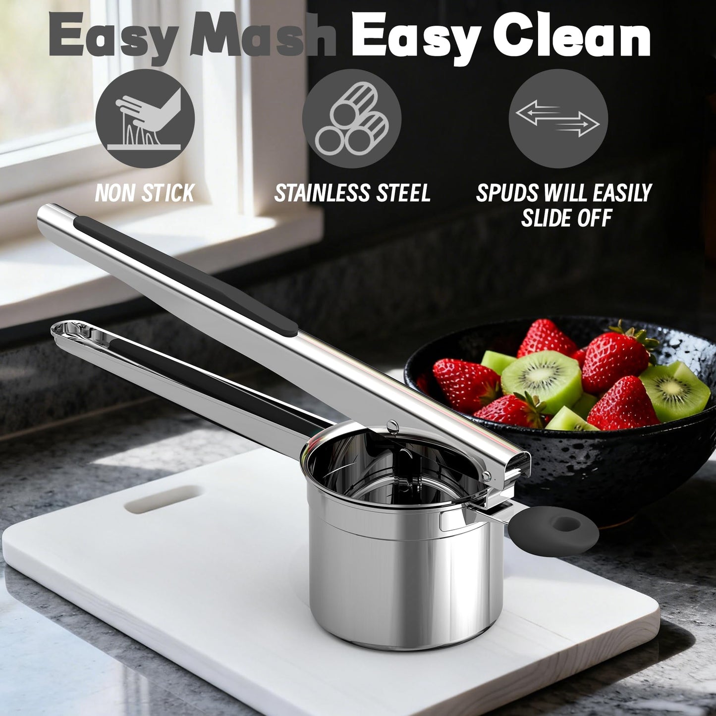 Minteem Large 15oz Potato Ricer for Mashed Potatoes, Heavy Duty 18/8 Stainless Steel Potato Masher for Baby Food & Spaetzle Maker, Masher and Ricer Kitchen Tool, Press and Mash Kitchen Gadget, Black