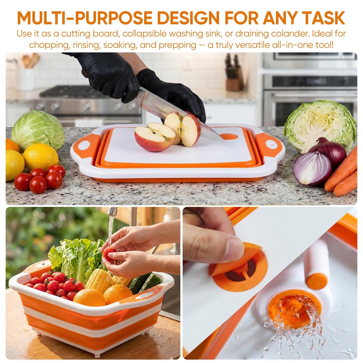 Collapsible BBQ Prep Tub with Lid, Foldable Camping Sink with Colander, Cutting Board, Dish Basin for Kitchen, Bowl, Vegetable and Fruit, Storage Basket for Picnic-Orange