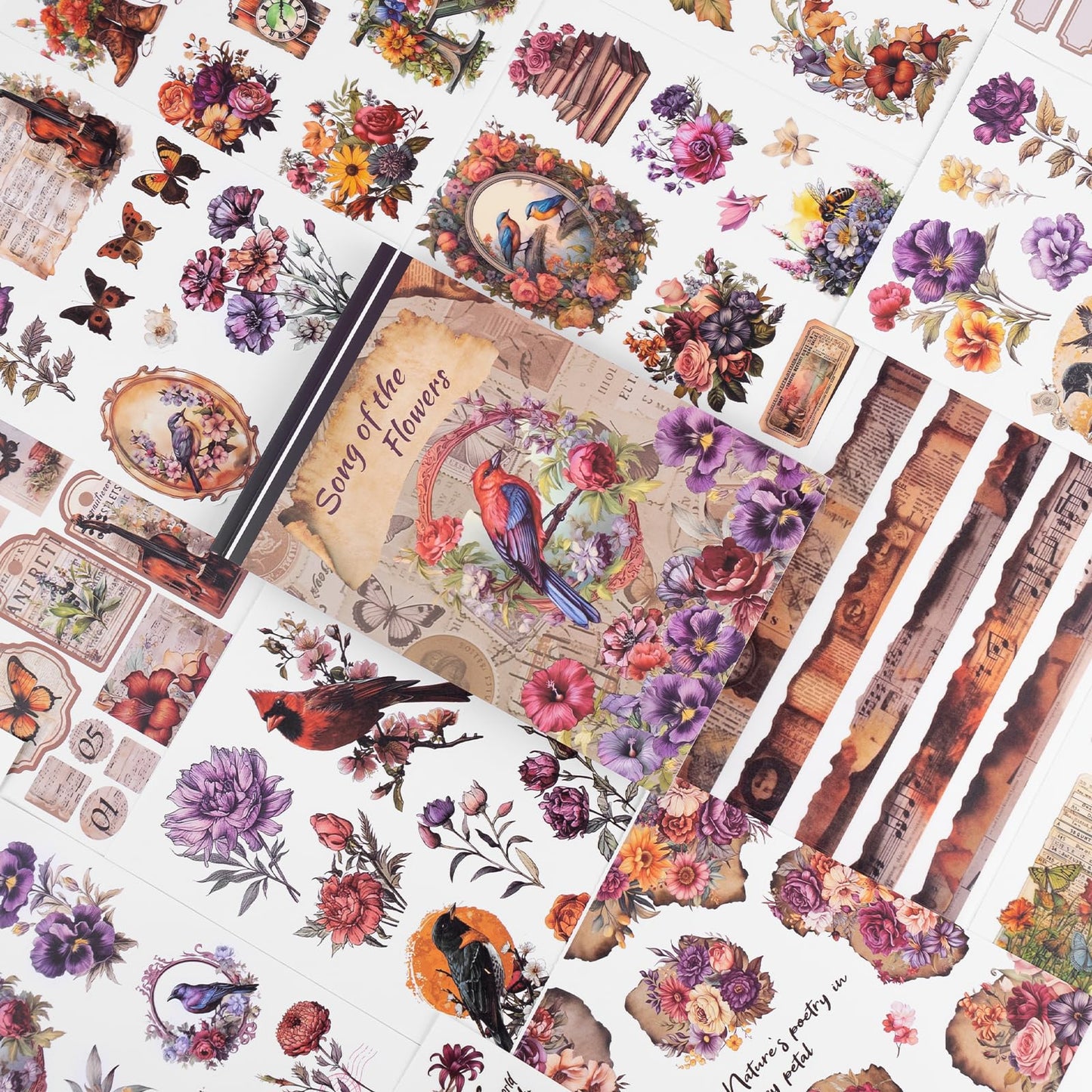 Dizdkizd 177 Pre-Cut Flower and Bird Scrapbook Sticker Book for Adults and Teens, Nature Themed Vintage Aesthetic Sticker Set, Journaling Supplies, Ephemera for Junk Journals