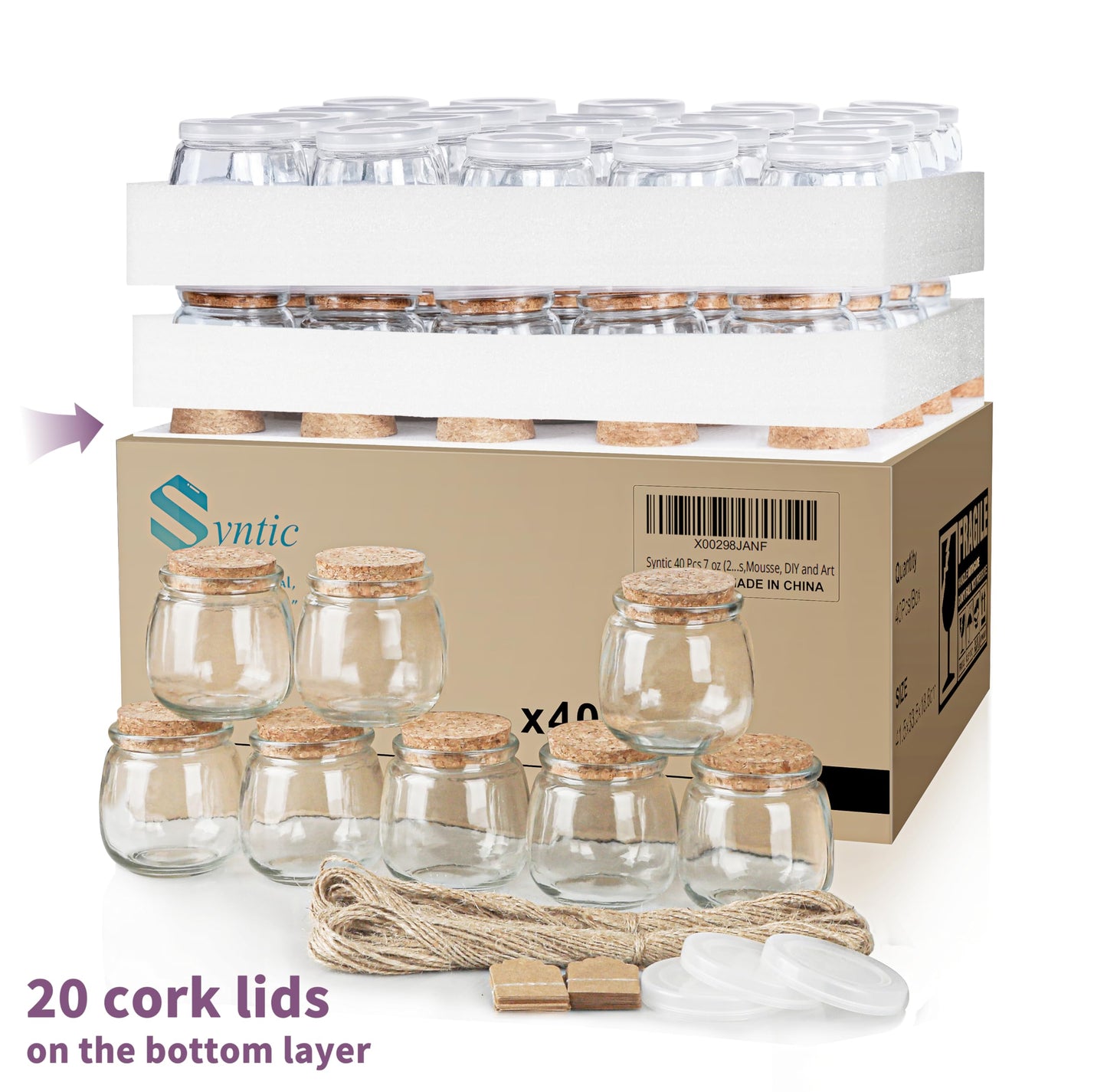 Syntic 40 Pack Small Glass Jars with Cork Lids, 7oz Empty Mason Jars for Making Candles, Yogurt Container with PE Lids for Wedding Favors, Baby Shower, Candy, Spices with Twine, Labels