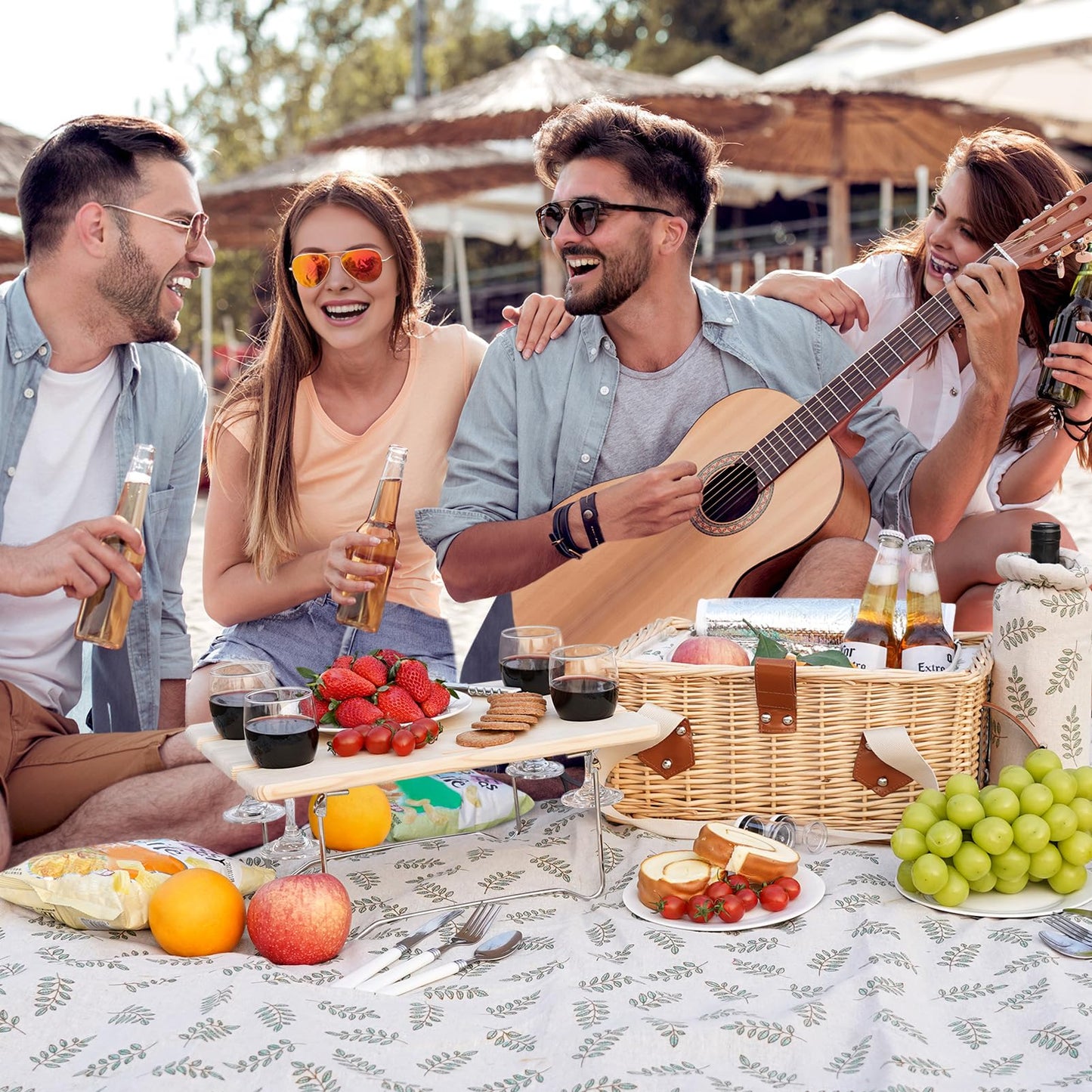 HappyPicnic Picnic Basket for 4, Handmade Wicker Picnic Set with Folding Table and Waterproof Blanket, Large Insulated Picnic Basket with Wine Bag & Cutlery Kit for Picnic, Camping, Holidays (Leaf)