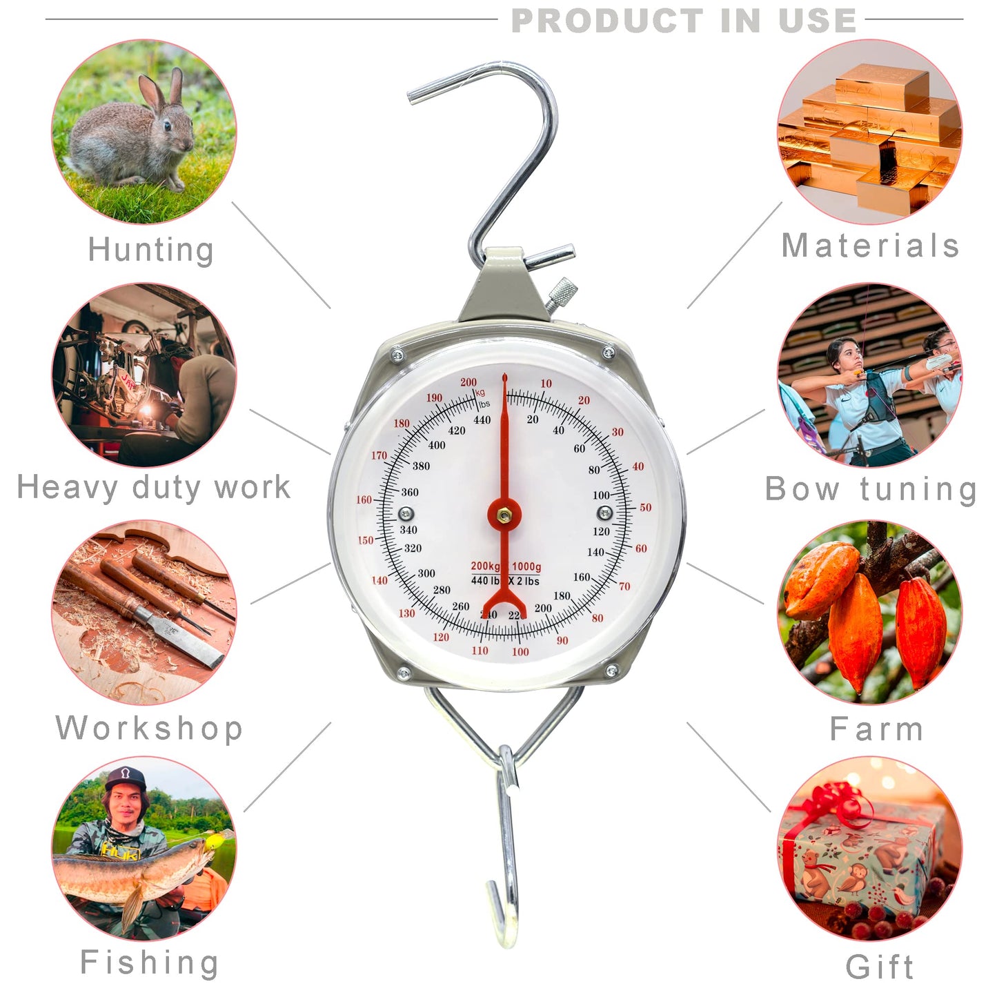Eyes.sys 440lb/200kg. Big Game Scale,Large Capacity Hanging Spring Dial Weight Scale with 2 S-Hooks for Kitchen Fishing (Easy to Read Dial)