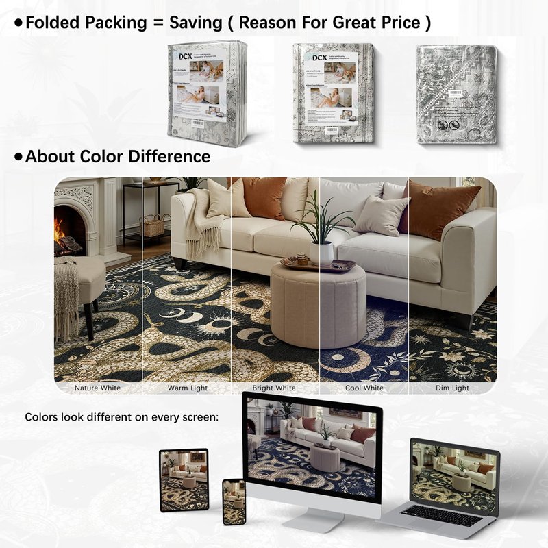 DCX Washable 5x7 Snake Rug, Black Gothic Rug for Living Room, Soft Low Pile Carpet, Kid & Pet Friendly with Rubber Back Non Slip, Stain Resistant Rug for Bedroom Dining Room Office