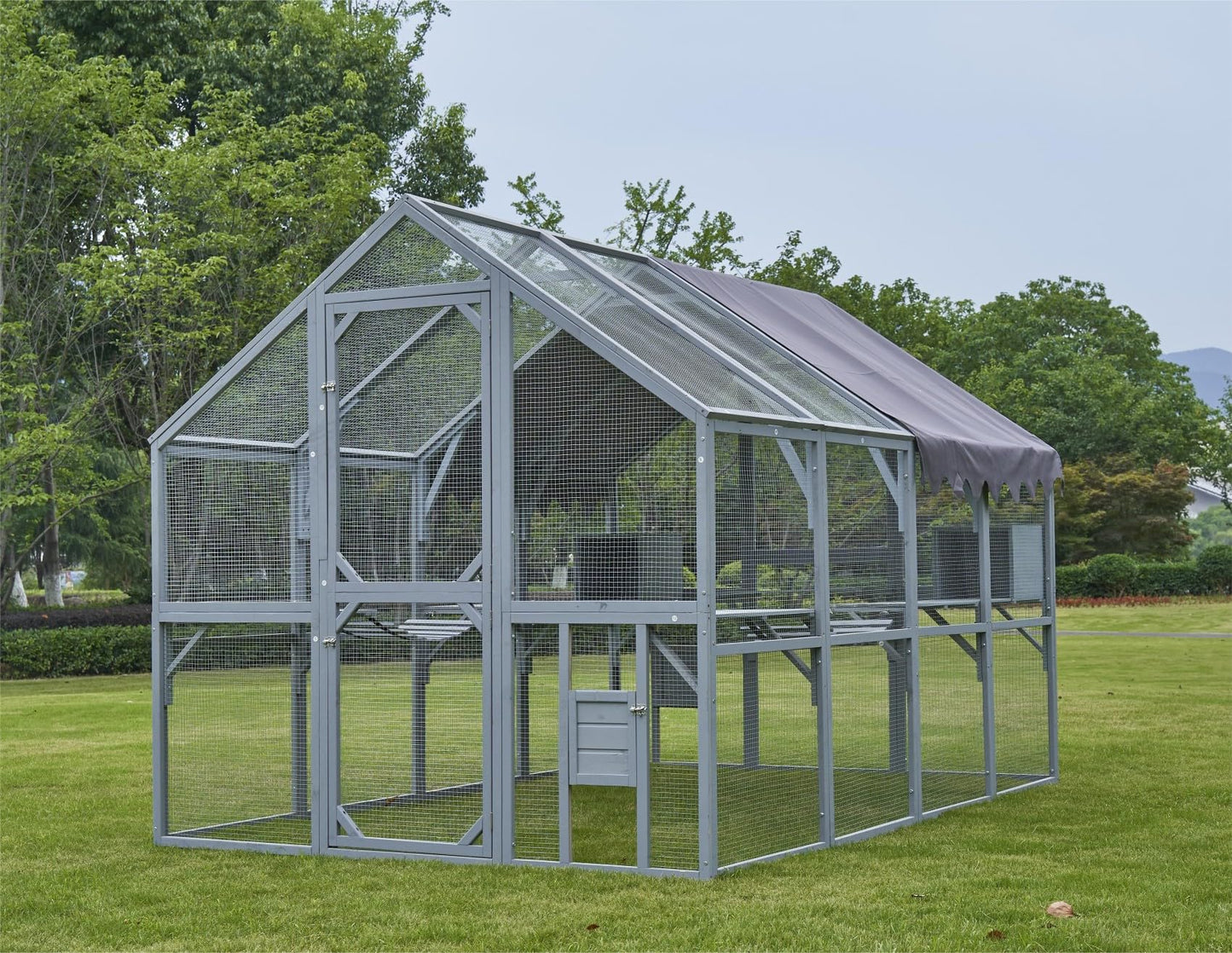 KEIKI 110"L Outdoor Large Chicken Coop with Waterproof Cover, Roosting Platform, Wire Mesh & 2 Lift Small Doors with Locks, Wood Chicken Coop House with Run for Cat Kitten Playpen, Duck, Rabbit, Quail