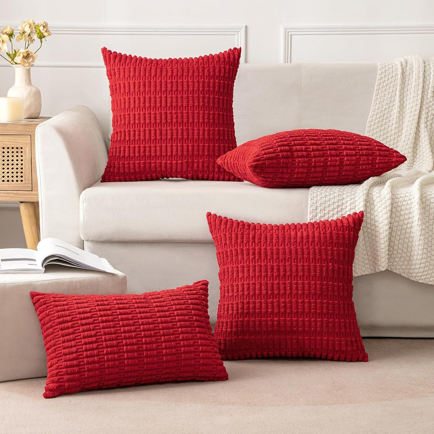 MIULEE Red Corduroy Decorative Pillow Covers - Soft Boho Striped 18x18 Inch for Modern Farmhouse Decor