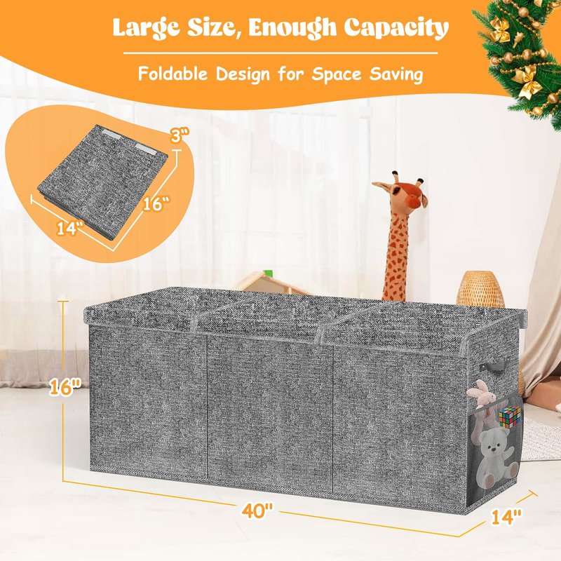 Beadsky Extra Large Toy Box, Toy Chest for Toddlers with Lids, Collapsible Toy Storage Organizer, Kids Bin Boxes Storage Basket for Boys, Girls, Nursery, Living Room, Playroom, 40"x14"x16", Gray