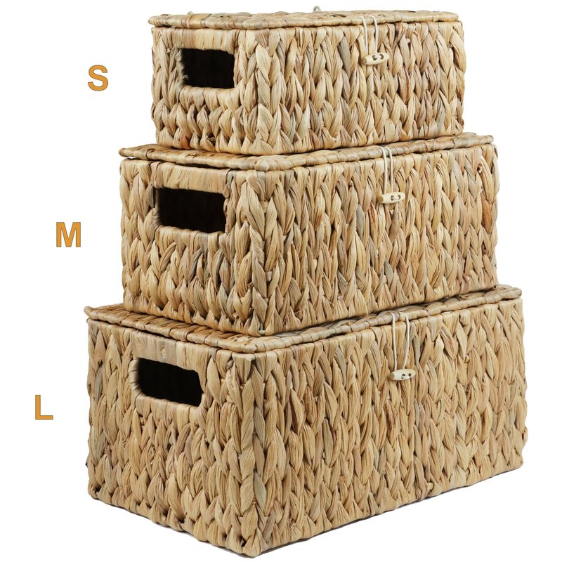 Small Wicker Basket with Lid, Natural Water Hyacinth Storage Baskets for Organizing, Rectangular Woven Basket for Storage, Decorative Boxes Bins with Lids and Built-in Handles (10.2" x 6.3" x 3.9")