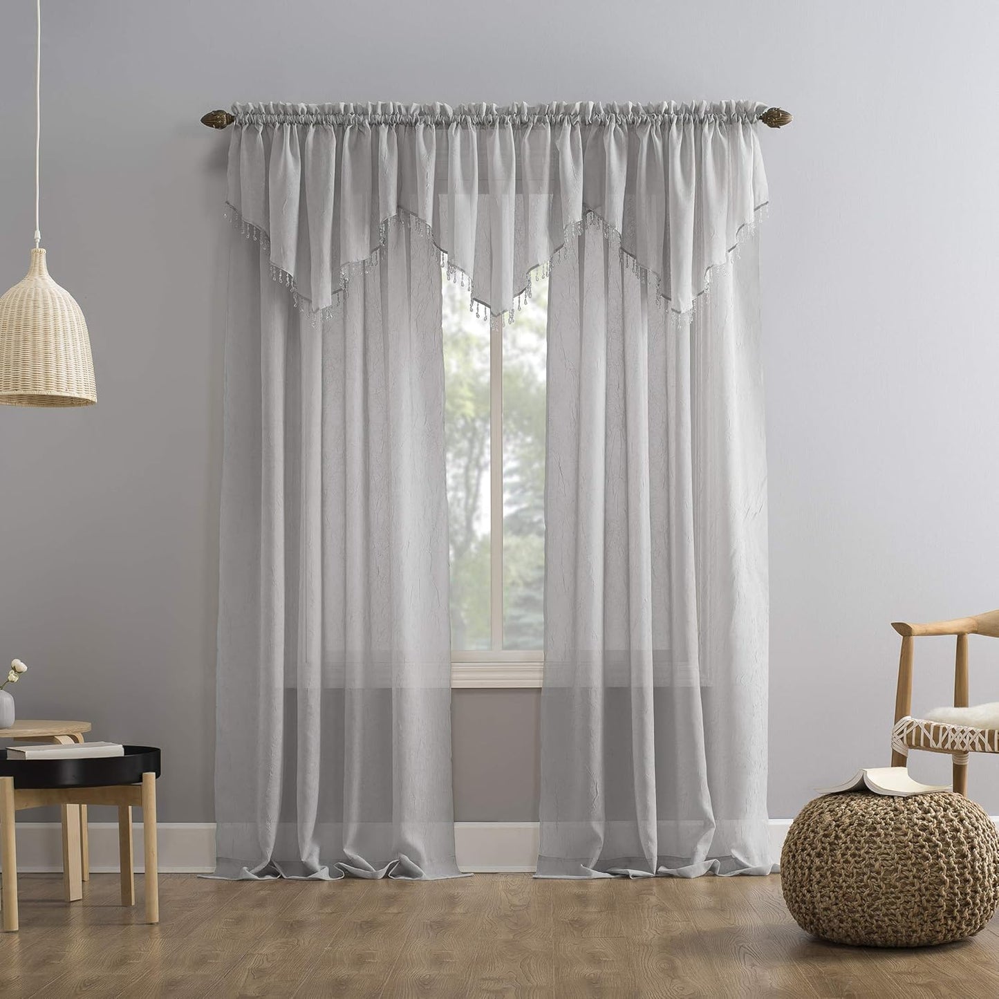 No. 918 Erica Beaded Ascot Crushed Voile Sheer Rod Pocket Curtain Valance