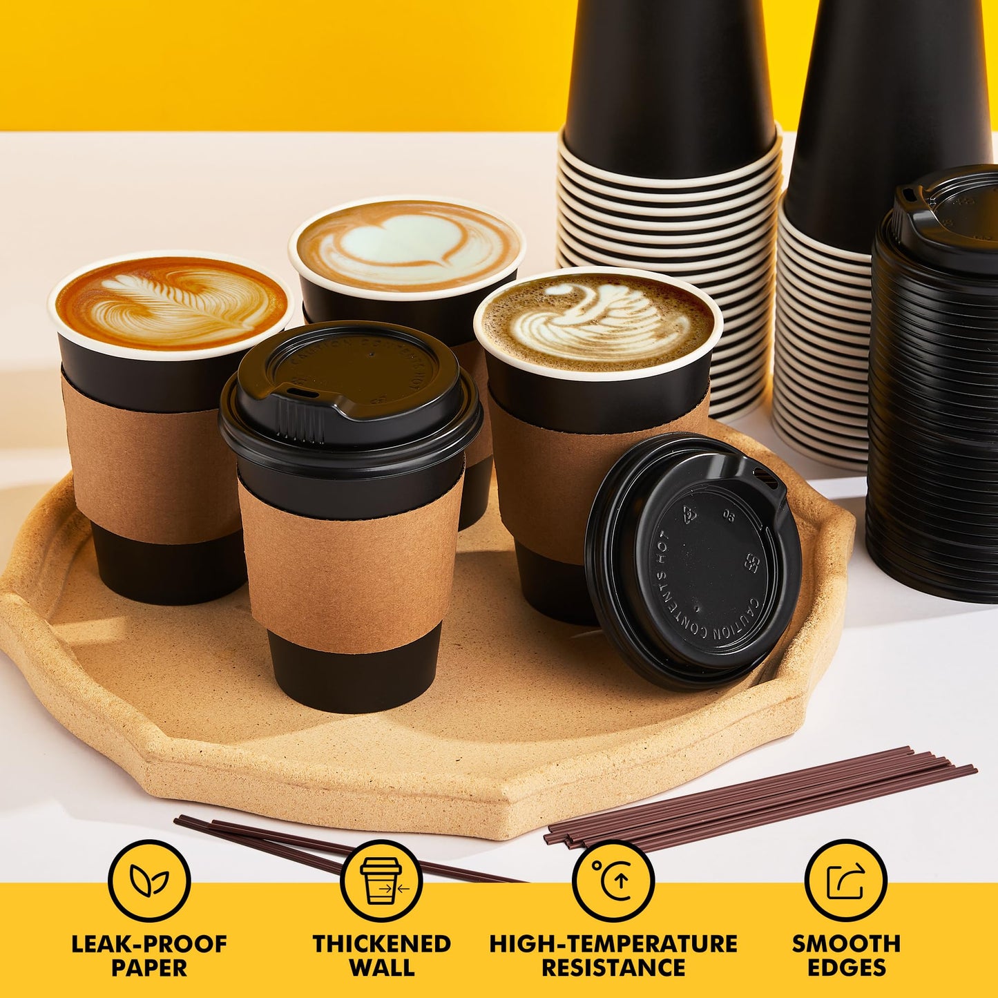 RACETOP 12 oz Paper Coffee Cups,100 Pack Black Disposable Coffee Cups with Lids, Sleeves and Stirring Sticks, 12 oz Hot Coffee Cup for Hot Drinks, Parties, Picnic, Travel, and Events
