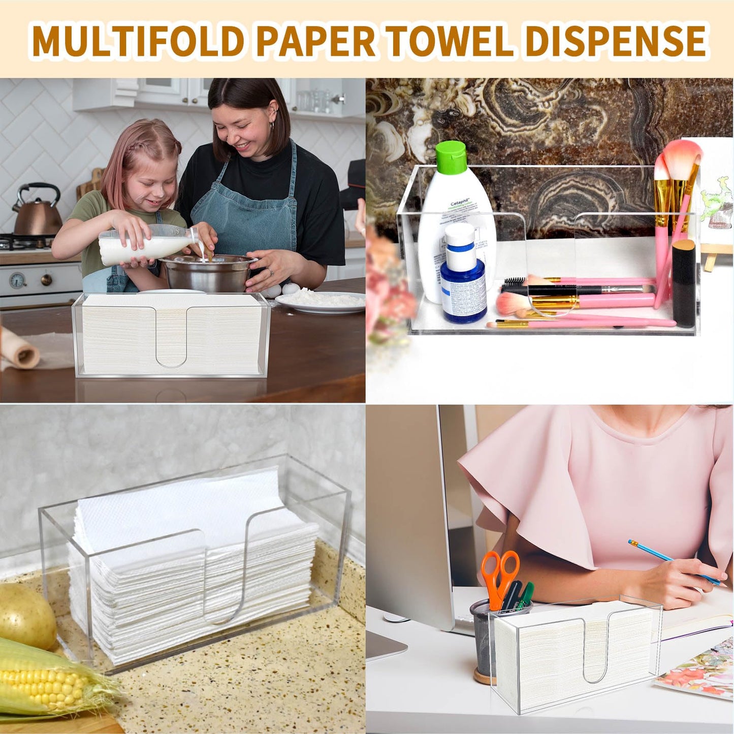 4 Pack Acrylic Paper Towel Holder, Countertop Napkin Dispenser for C-Fold, Multi-Fold & Trifold Paper Towels, 5mm Transparent Acrylic for Kitchen, Bathroom & Restaurant (4)