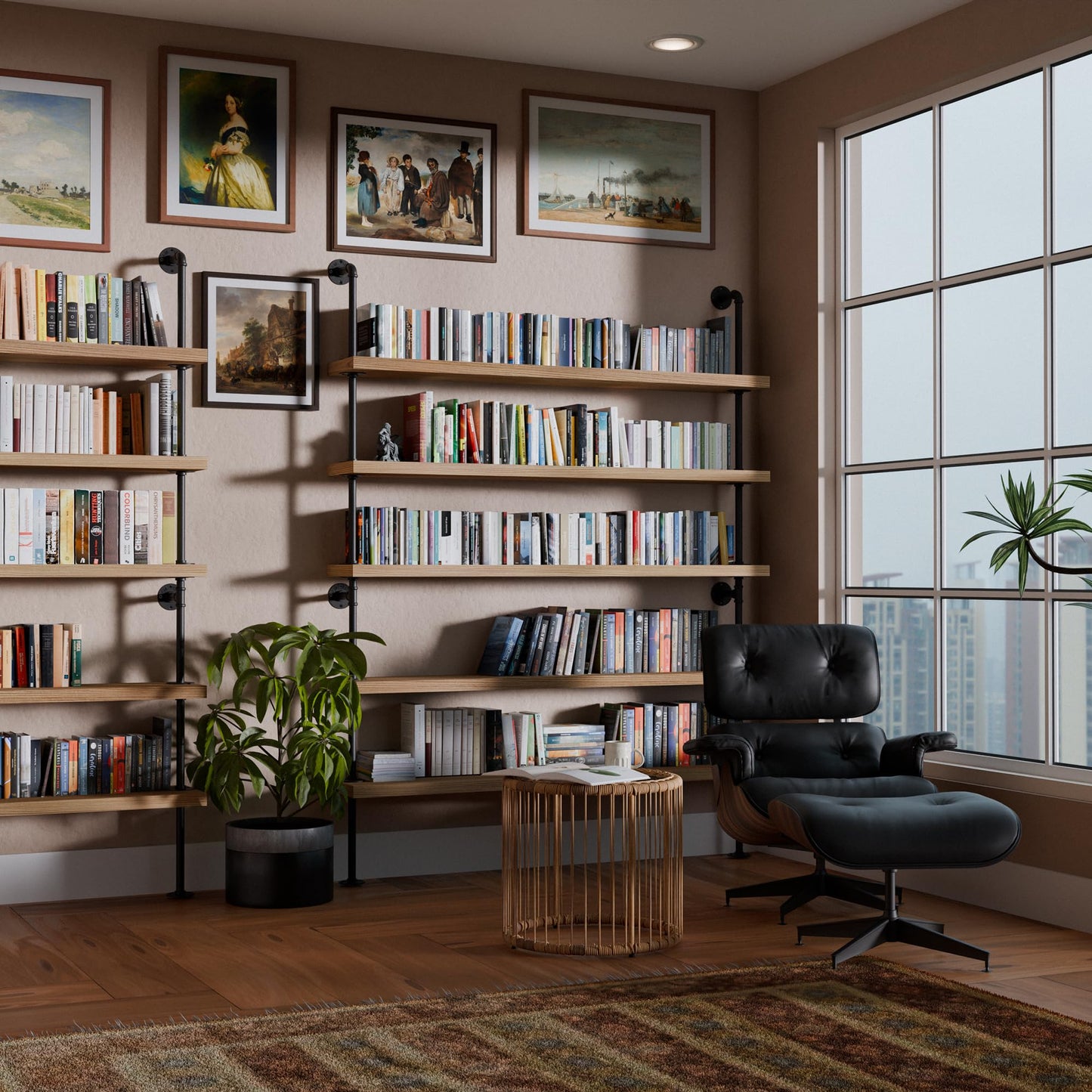 Wallniture 60" Long 5 Shelf Bookcase with 9.25" Deep and 1.5" Thick Real Solid Wood Boards, Standing Bookshelf with Pipe Style Wall Support - 5 Tier - Burnt